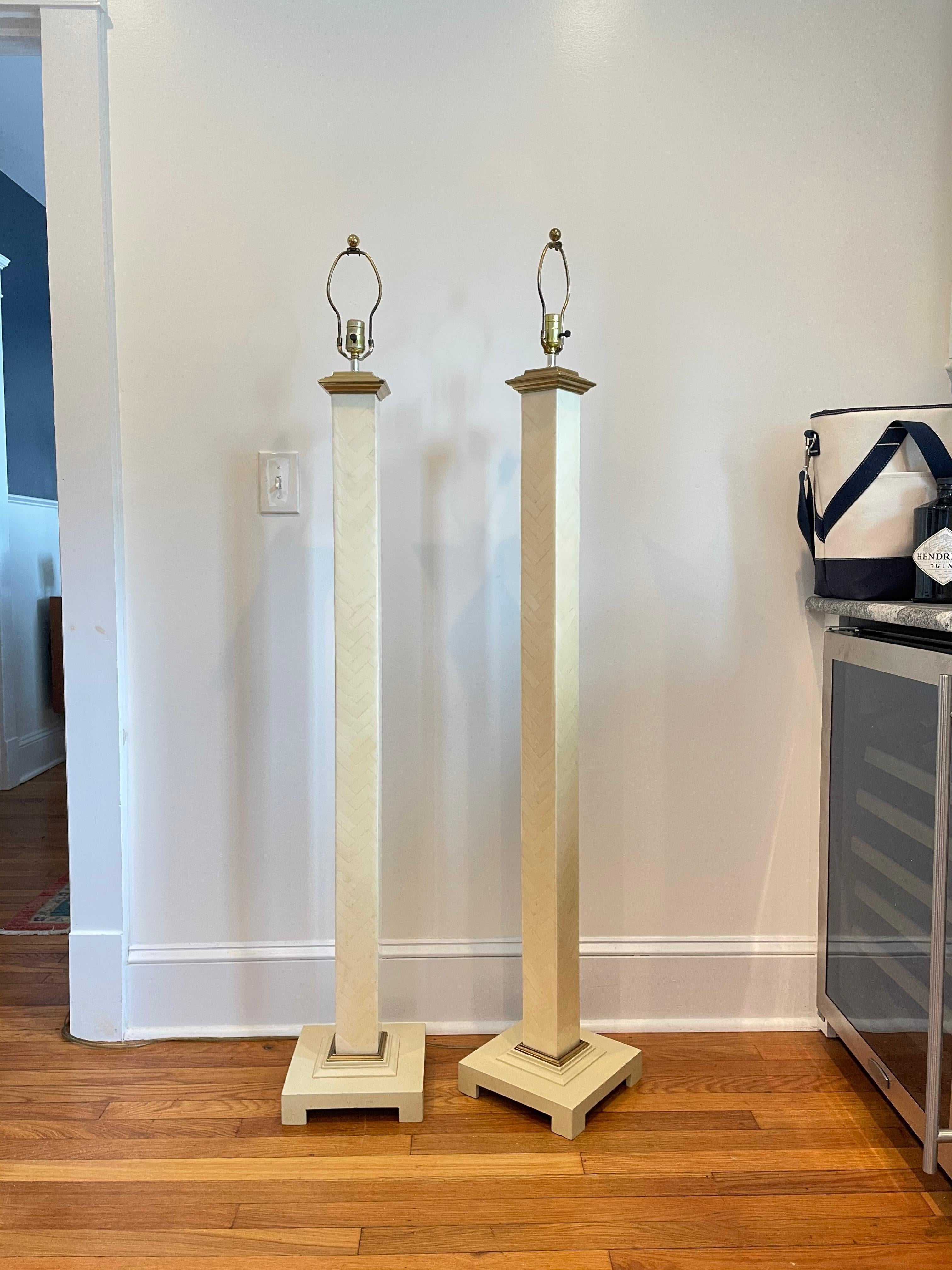 Tessellated Faux Bone and Brass Floor Lamps, a Pair In Good Condition For Sale In W Allenhurst, NJ