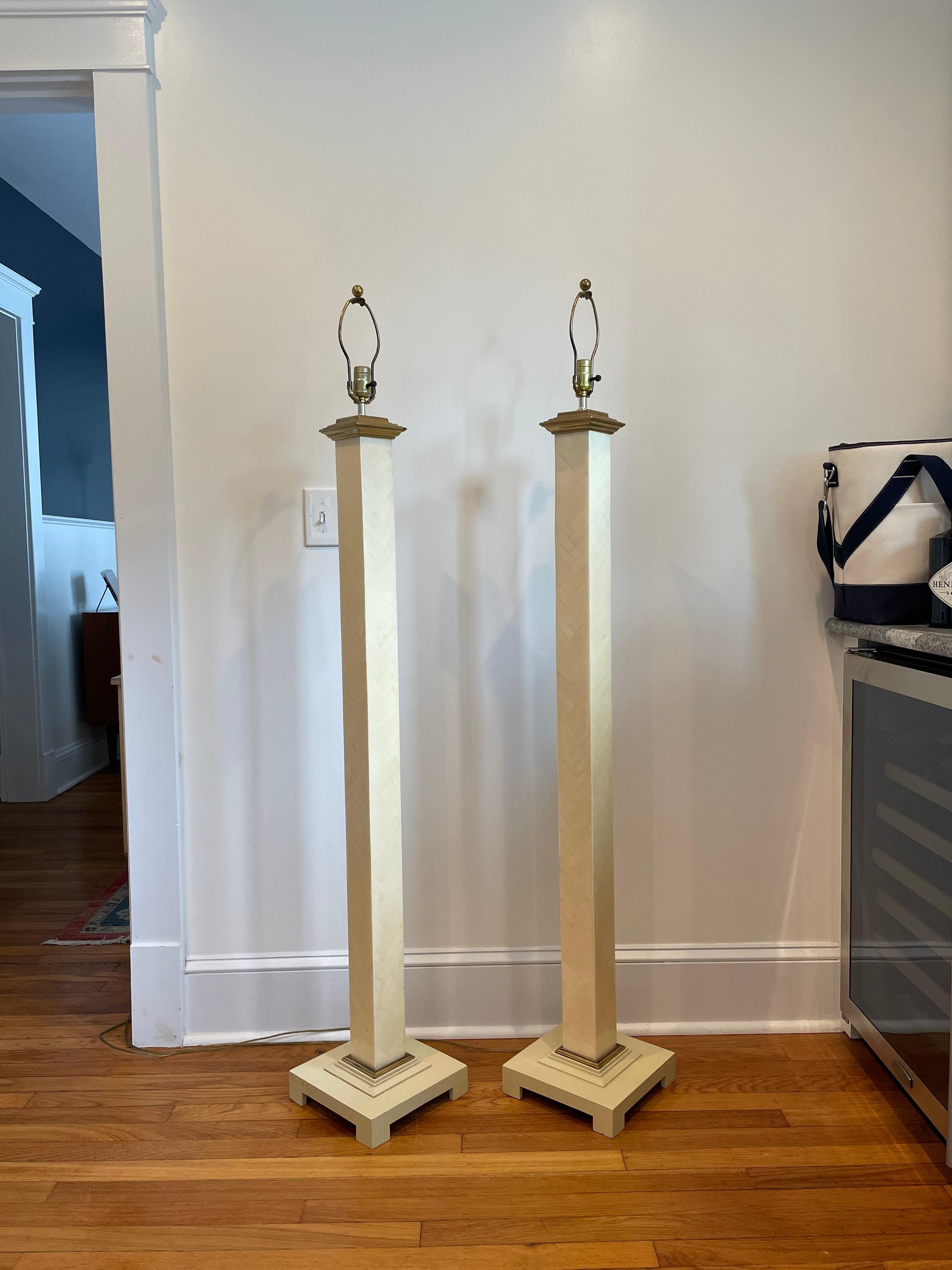20th Century Tessellated Faux Bone and Brass Floor Lamps, a Pair For Sale