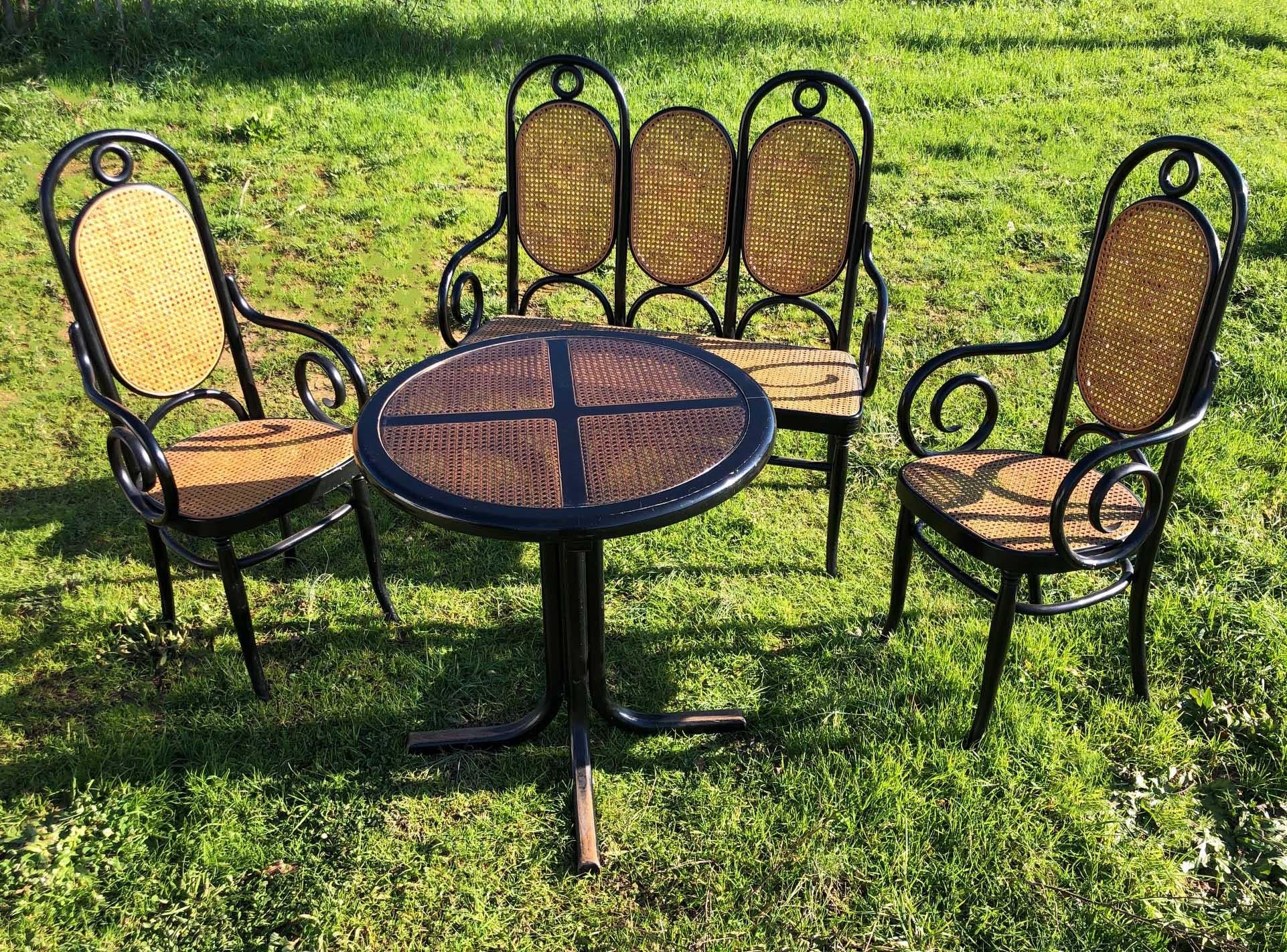 Late 20th Century Type Beech Sofa Armchair Table Viennese Straw