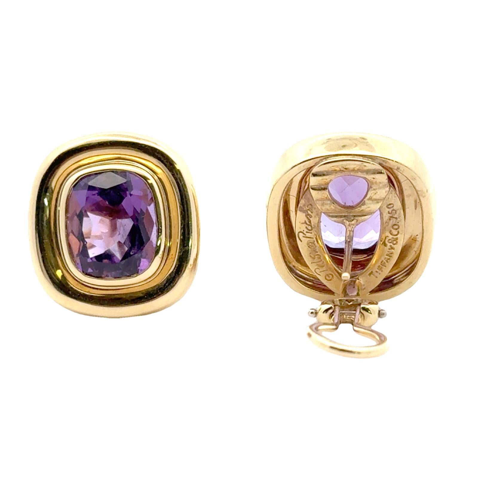 Late-20th Century Tiffany & Co. Paloma Picasso Amethyst 18KYG Earclip Earrings In Excellent Condition In Boca Raton, FL