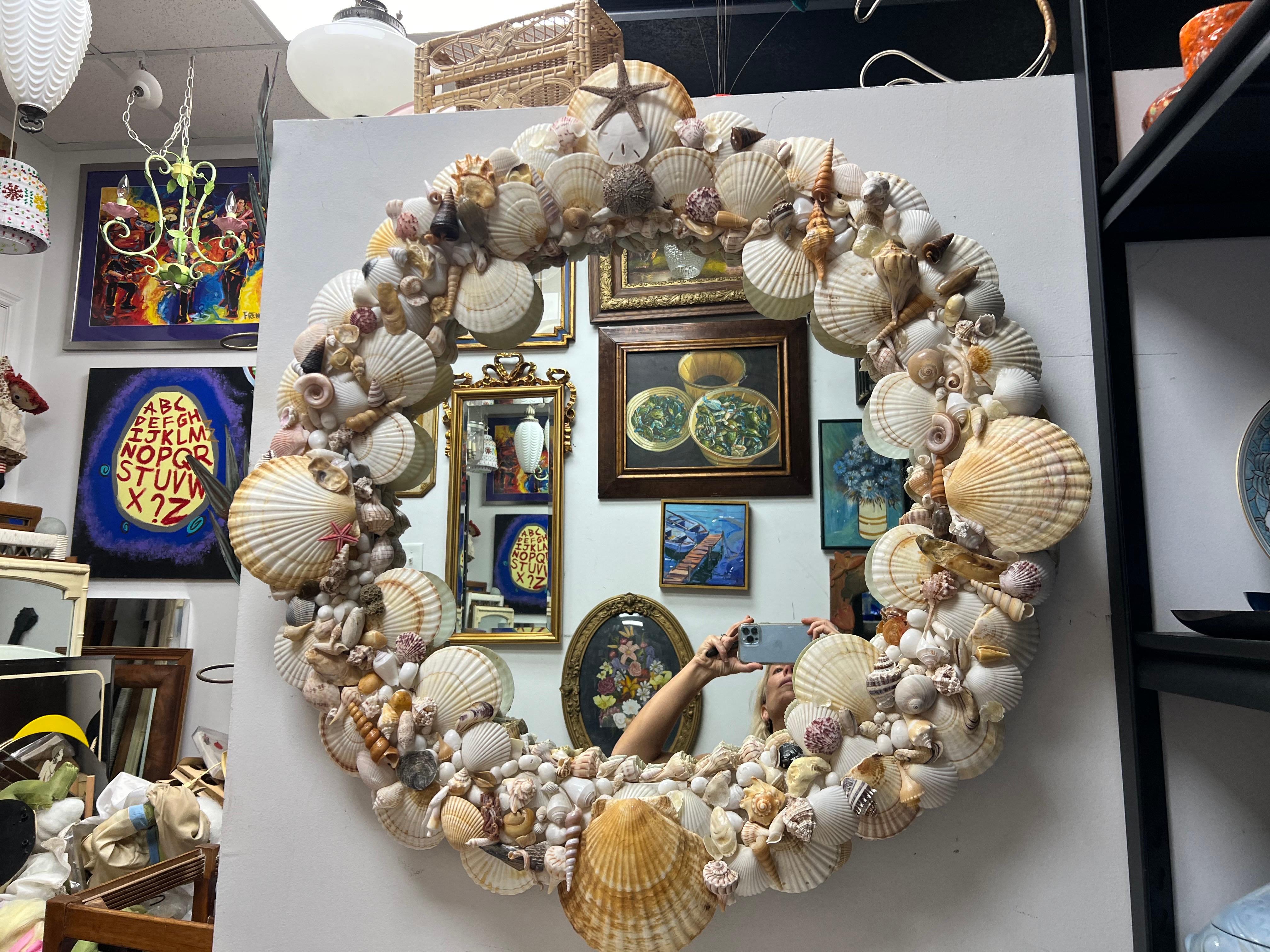Folk Art Late 20th Century Tony Douquette Style Sea Shell Encrusted Round Mirror