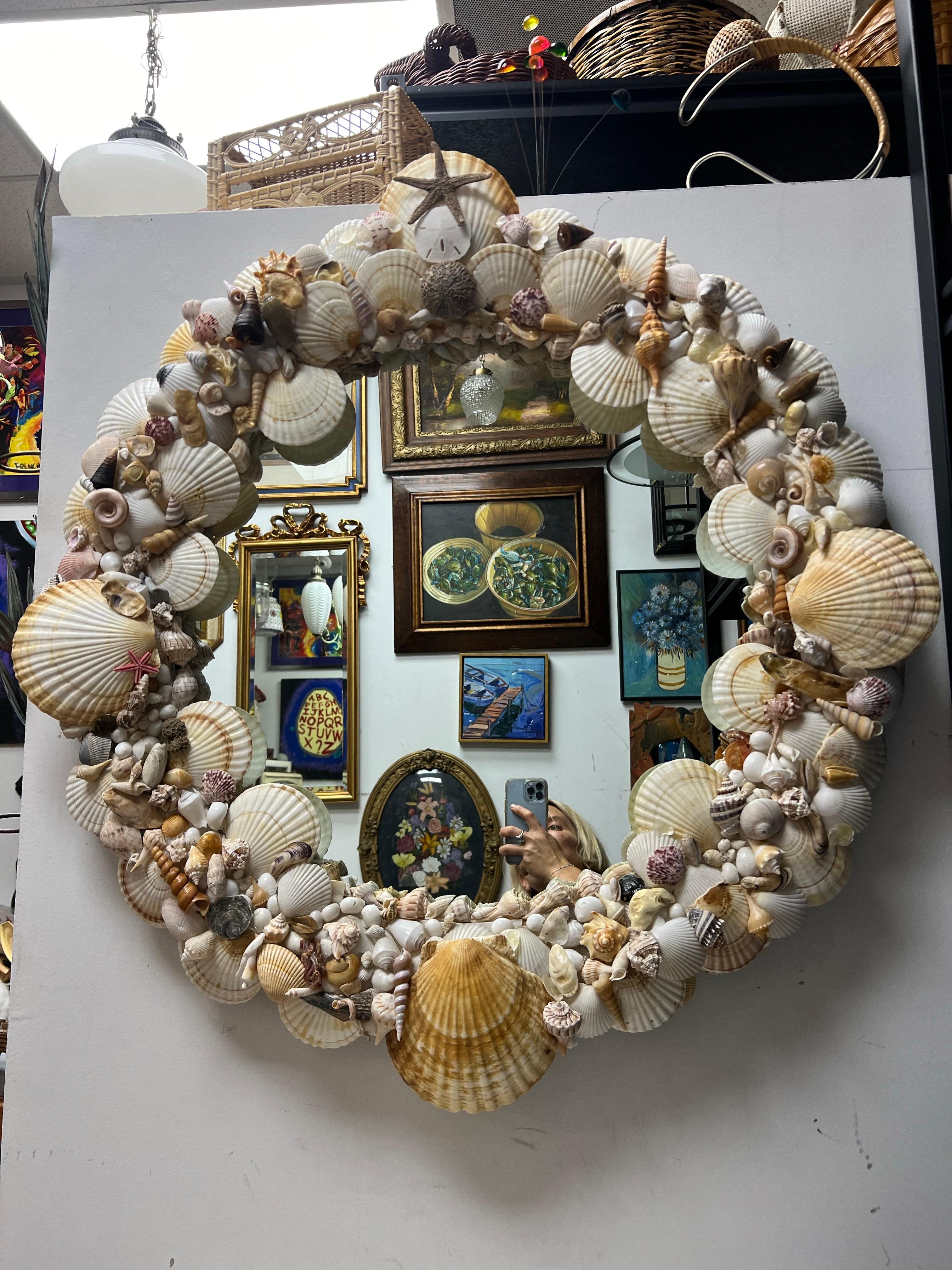 American Late 20th Century Tony Douquette Style Sea Shell Encrusted Round Mirror