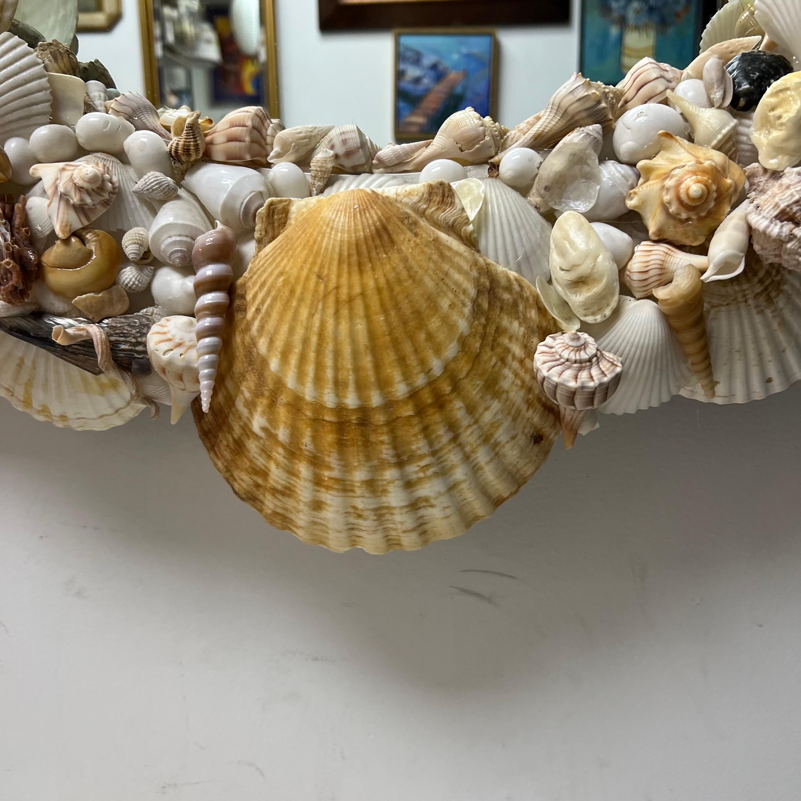 Late 20th Century Tony Douquette Style Sea Shell Encrusted Round Mirror In Good Condition In Charleston, SC