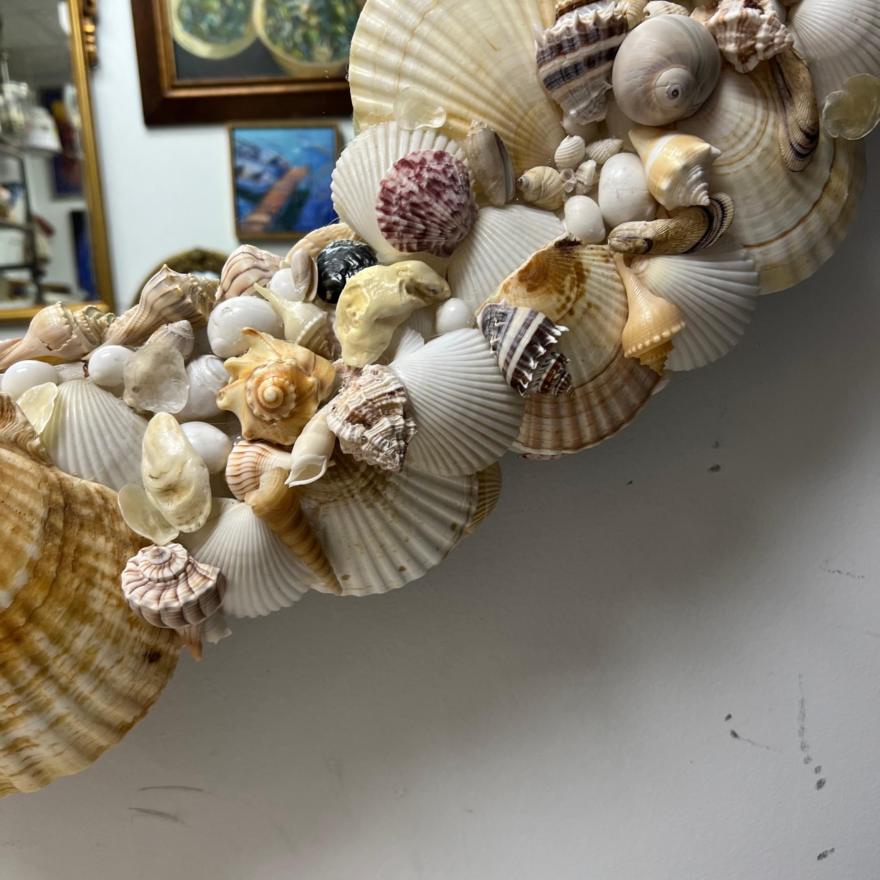 Late 20th Century Tony Douquette Style Sea Shell Encrusted Round Mirror 1