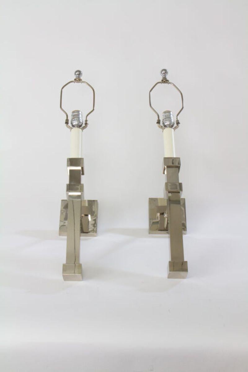 A pair of Top Brass sconces, in a formidable square shape. Includes off white linen drum shades, as pictured. Excellent for a large wall, in an entry or living room. Modern, transitional style. Made in the USA in 1995. Excellent Condition, complete