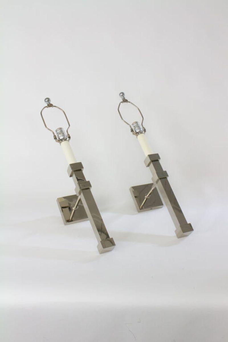 Modern Late 20th Century Top Brass Polished Nickel Square Column Sconces – A Pair For Sale