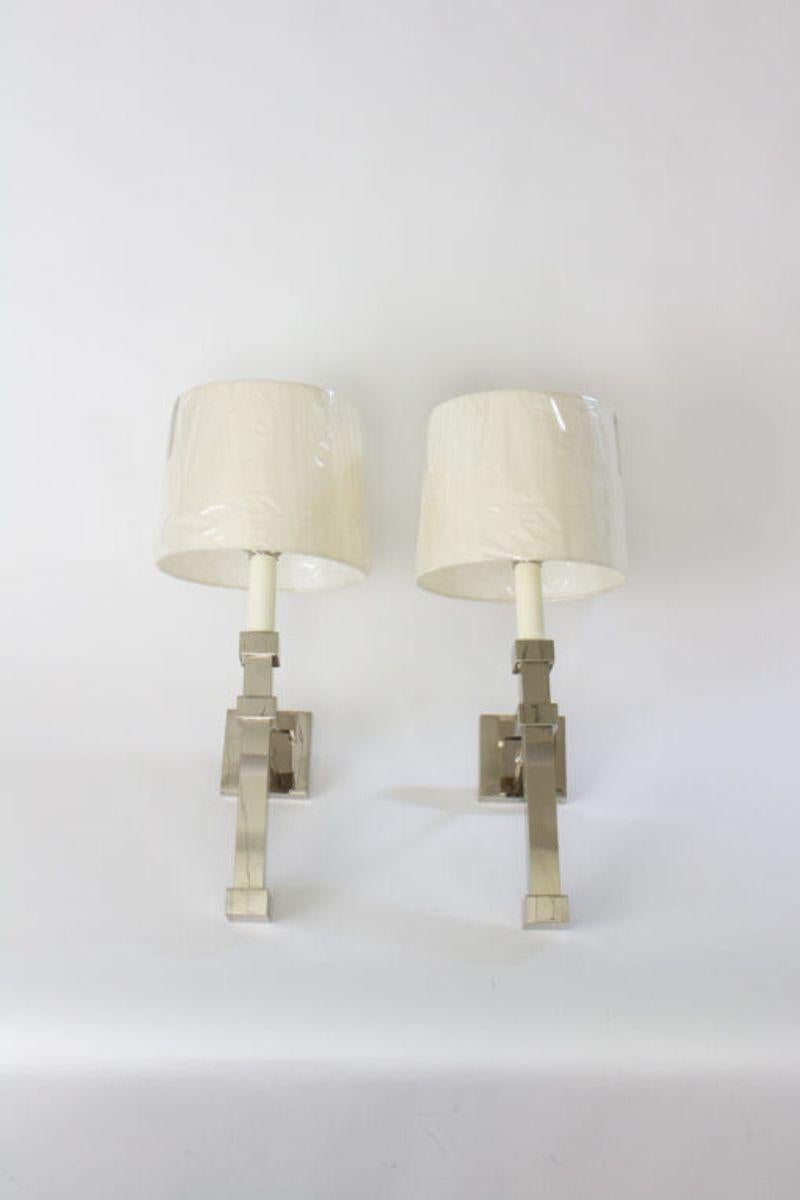 Plated Late 20th Century Top Brass Polished Nickel Square Column Sconces – A Pair For Sale