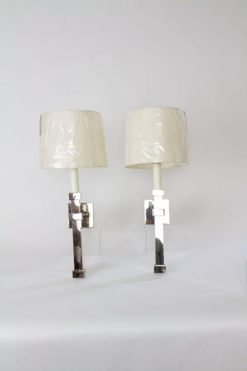 Late 20th Century Top Brass Polished Nickel Square Column Sconces – A Pair In Good Condition For Sale In Canton, MA