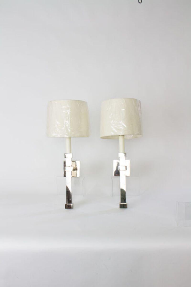 Late 20th Century Top Brass Polished Nickel Square Column Sconces – A Pair For Sale 2
