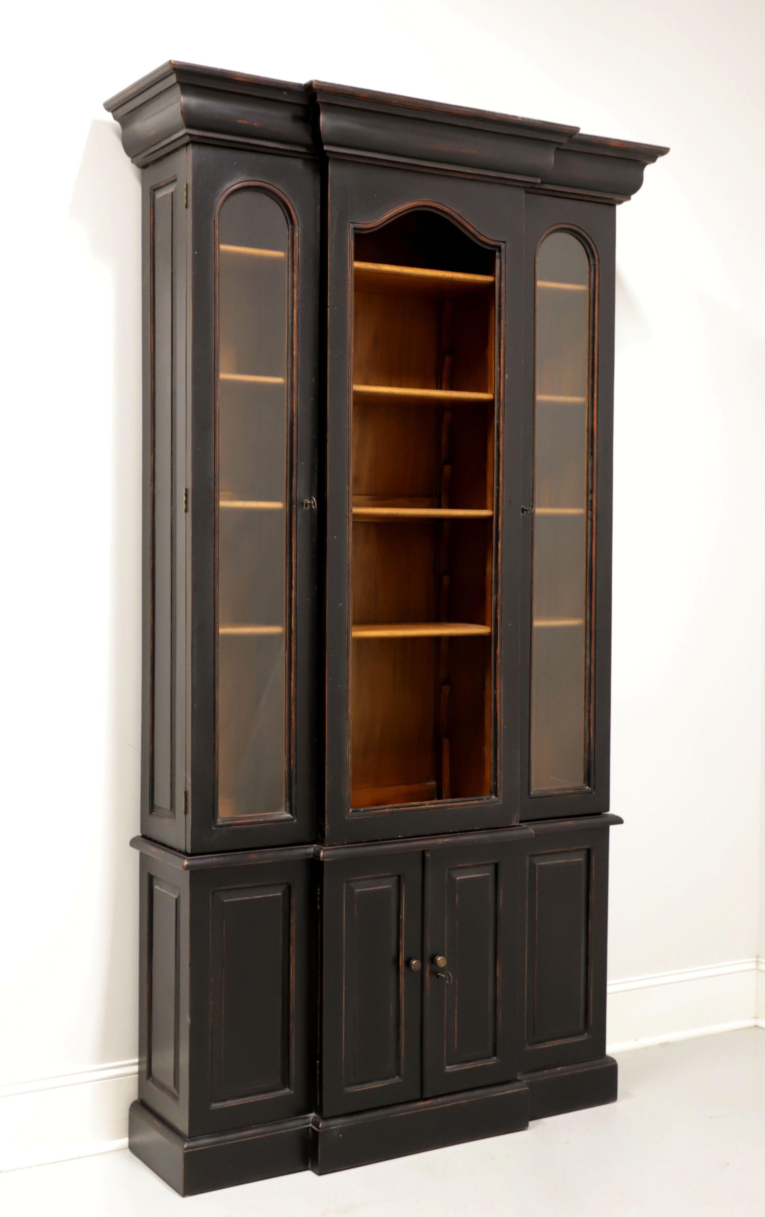 Late 20th Century Traditional Breakfront Bookcase with Distressed Black Finish 5