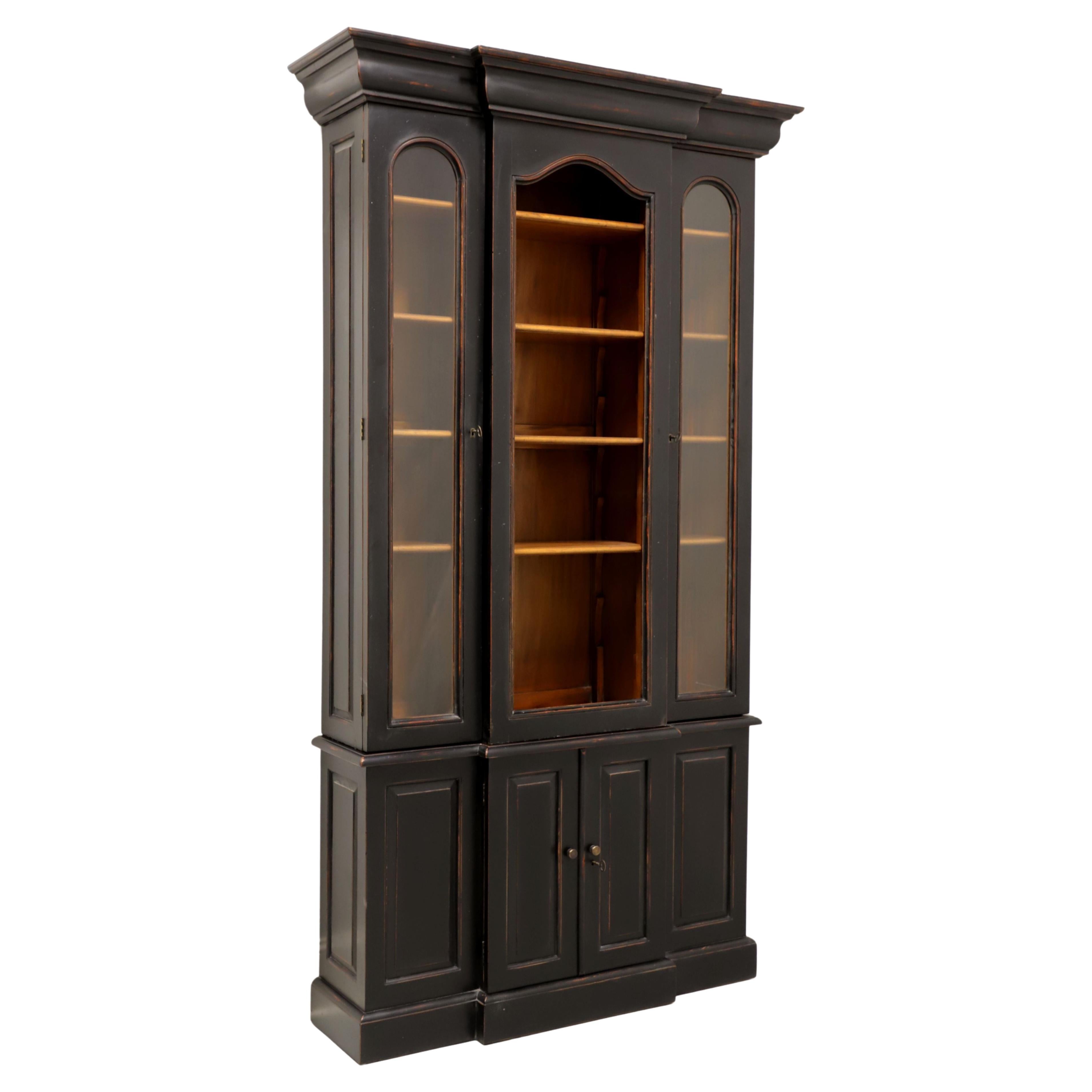 Late 20th Century Traditional Breakfront Bookcase with Distressed Black Finish
