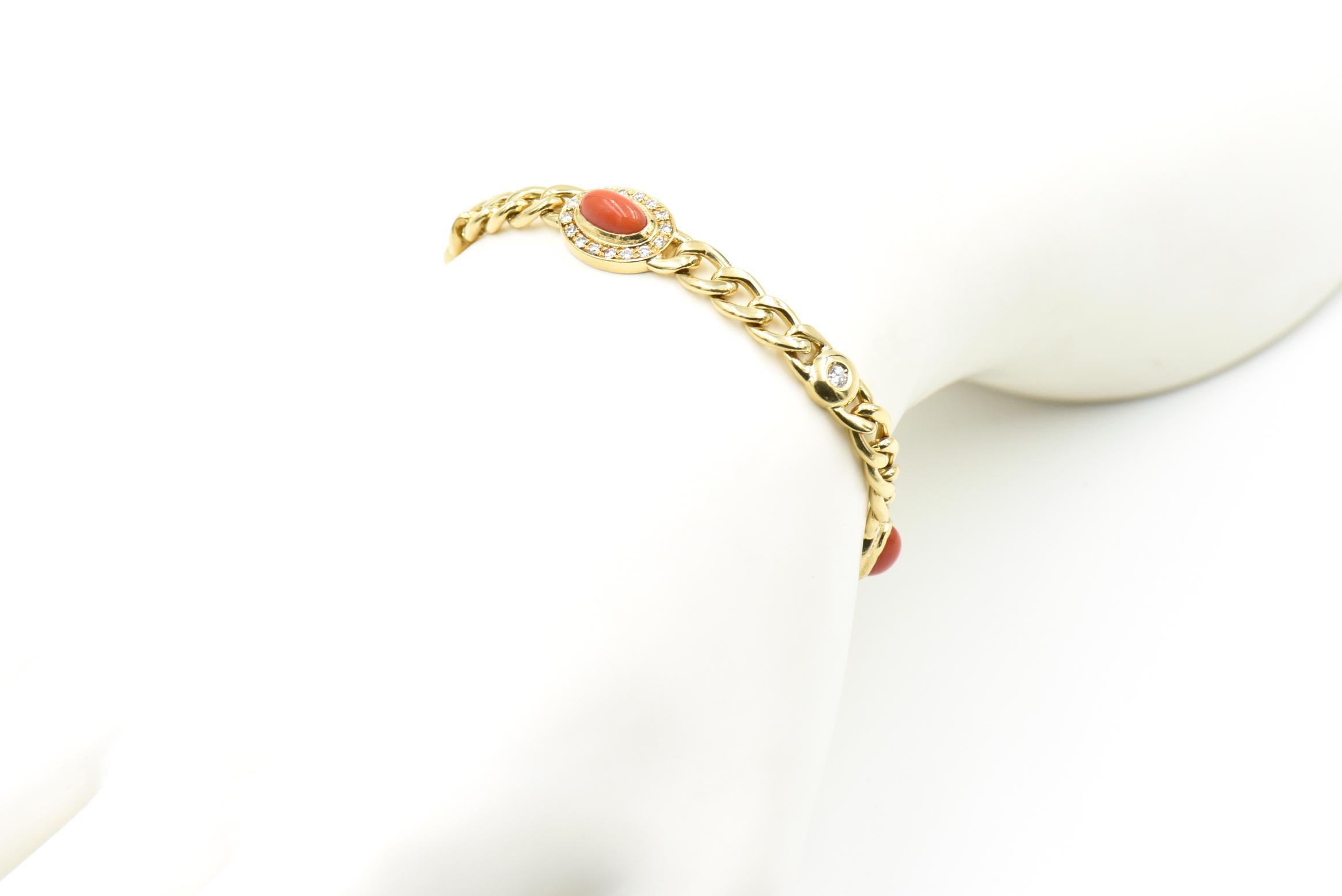 Late 20th Century UnoAErre Italian Red Coral Diamond Gold Chain Link Bracelet 7