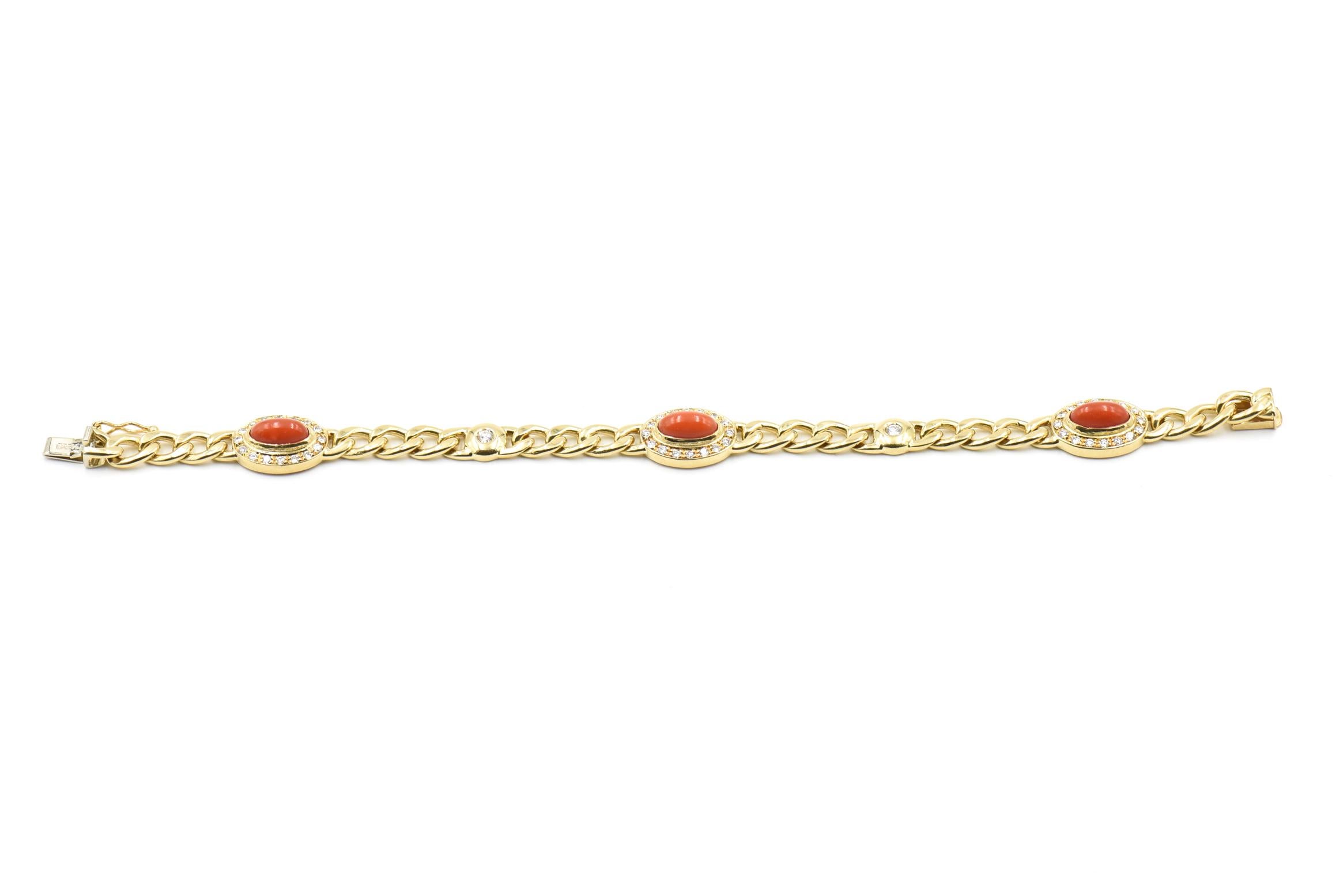 Women's Late 20th Century UnoAErre Italian Red Coral Diamond Gold Chain Link Bracelet