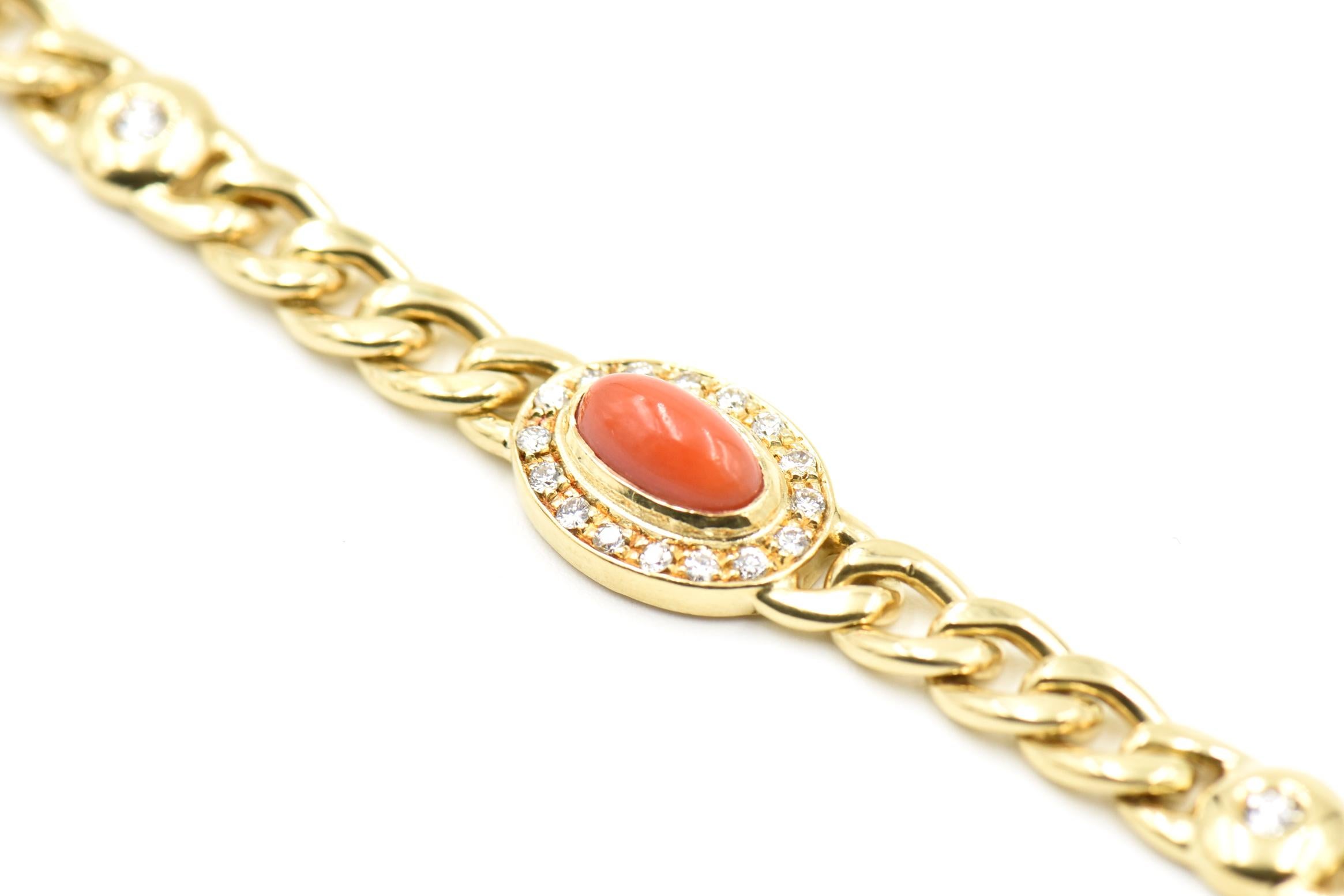 Late 20th Century UnoAErre Italian Red Coral Diamond Gold Chain Link Bracelet 1