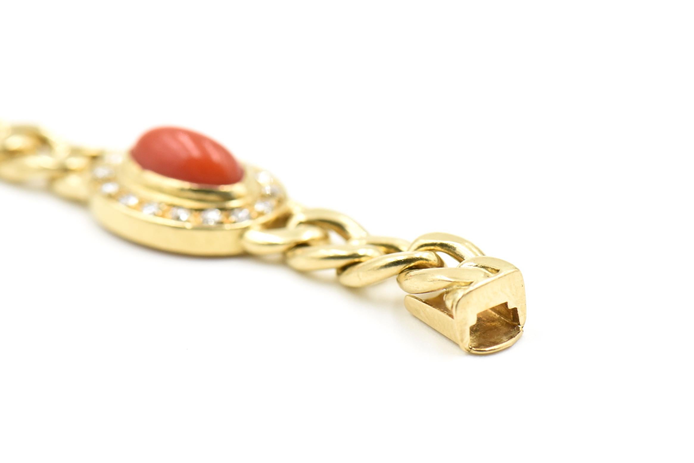 Late 20th Century UnoAErre Italian Red Coral Diamond Gold Chain Link Bracelet 2