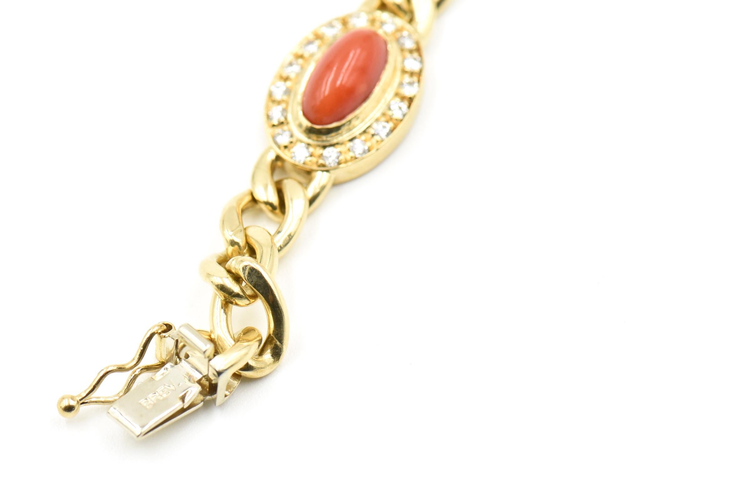 Late 20th Century UnoAErre Italian Red Coral Diamond Gold Chain Link Bracelet 3