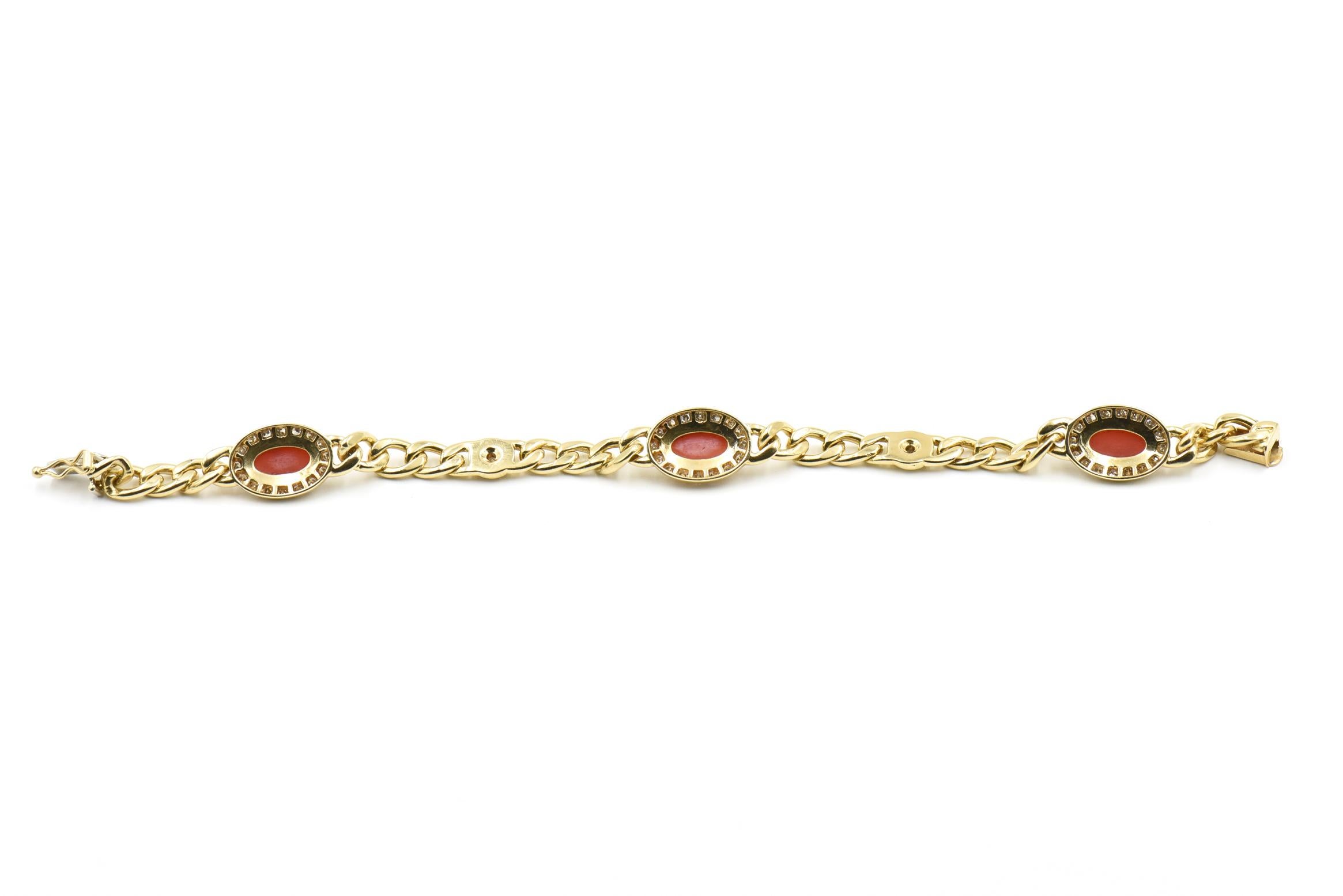 Late 20th Century UnoAErre Italian Red Coral Diamond Gold Chain Link Bracelet 5
