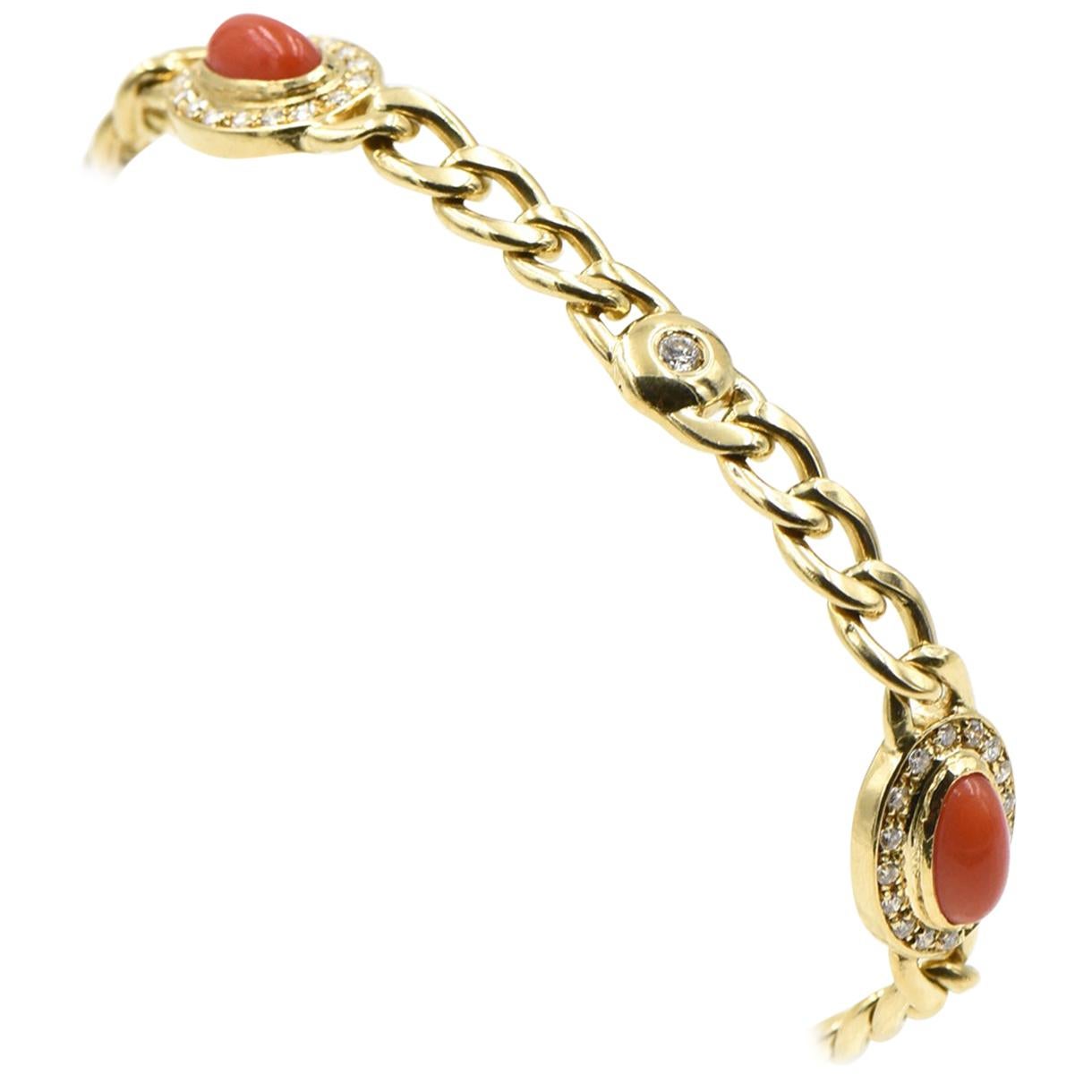 Late 20th Century UnoAErre Italian Red Coral Diamond Gold Chain Link Bracelet