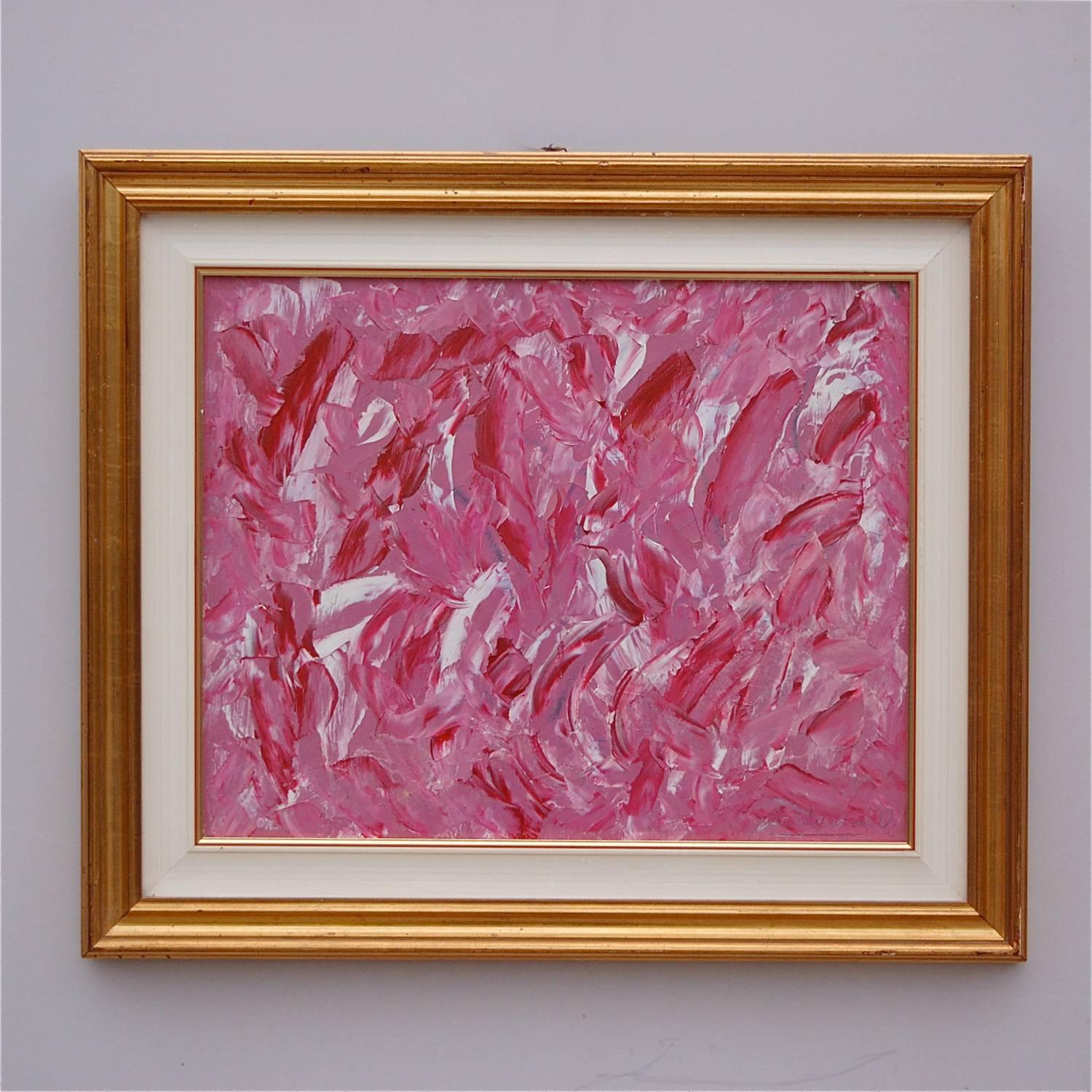 Modern, contemporary, abstract expressionist oil painting by unknown artist. The piece is signed but despite our best efforts we have been unable to identify the maker. The artist has created a strong dynamic by combining the use of white and soft