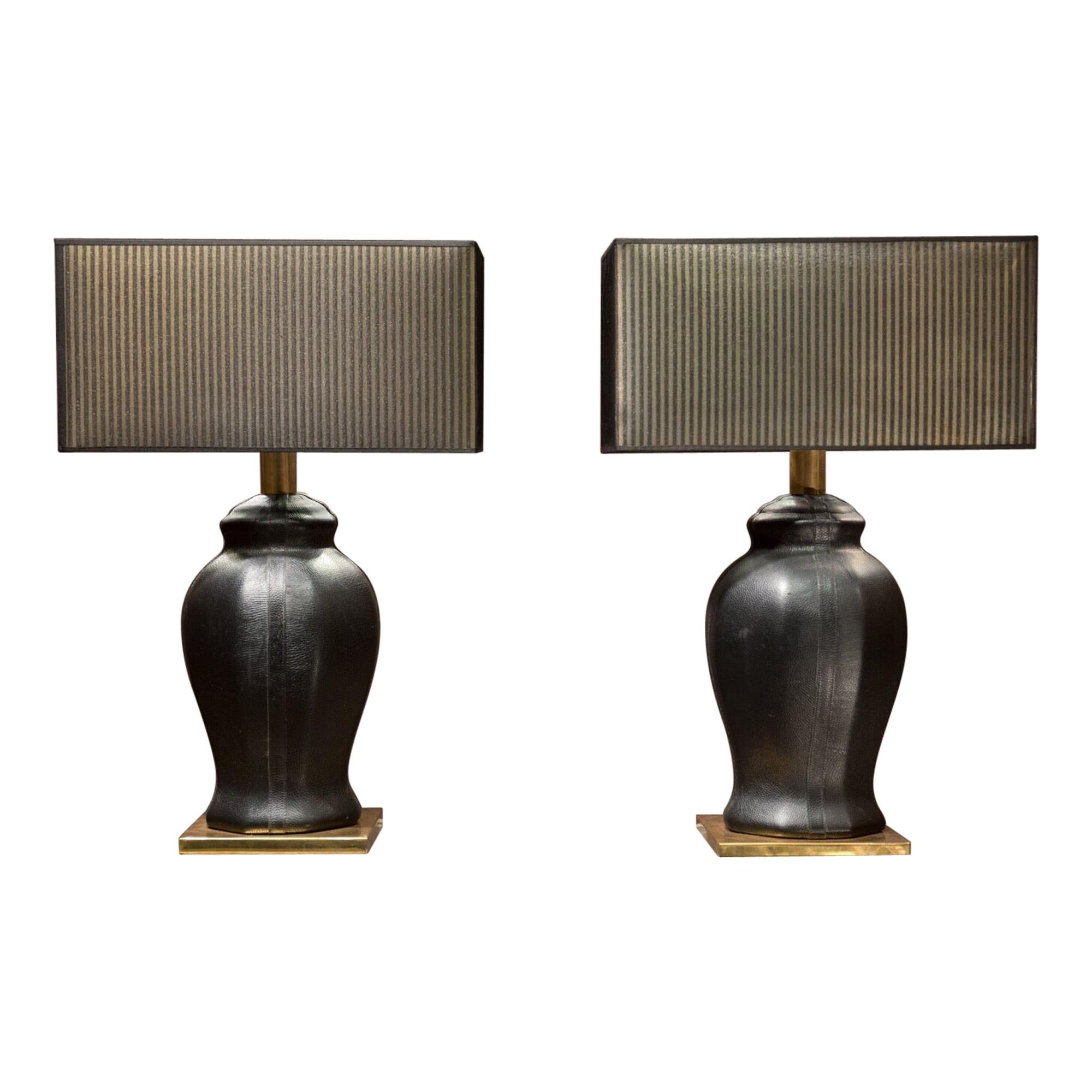 Late 20th Century Urn Shaped Black Leather and Gilded Brass Italian Lamps, 1970