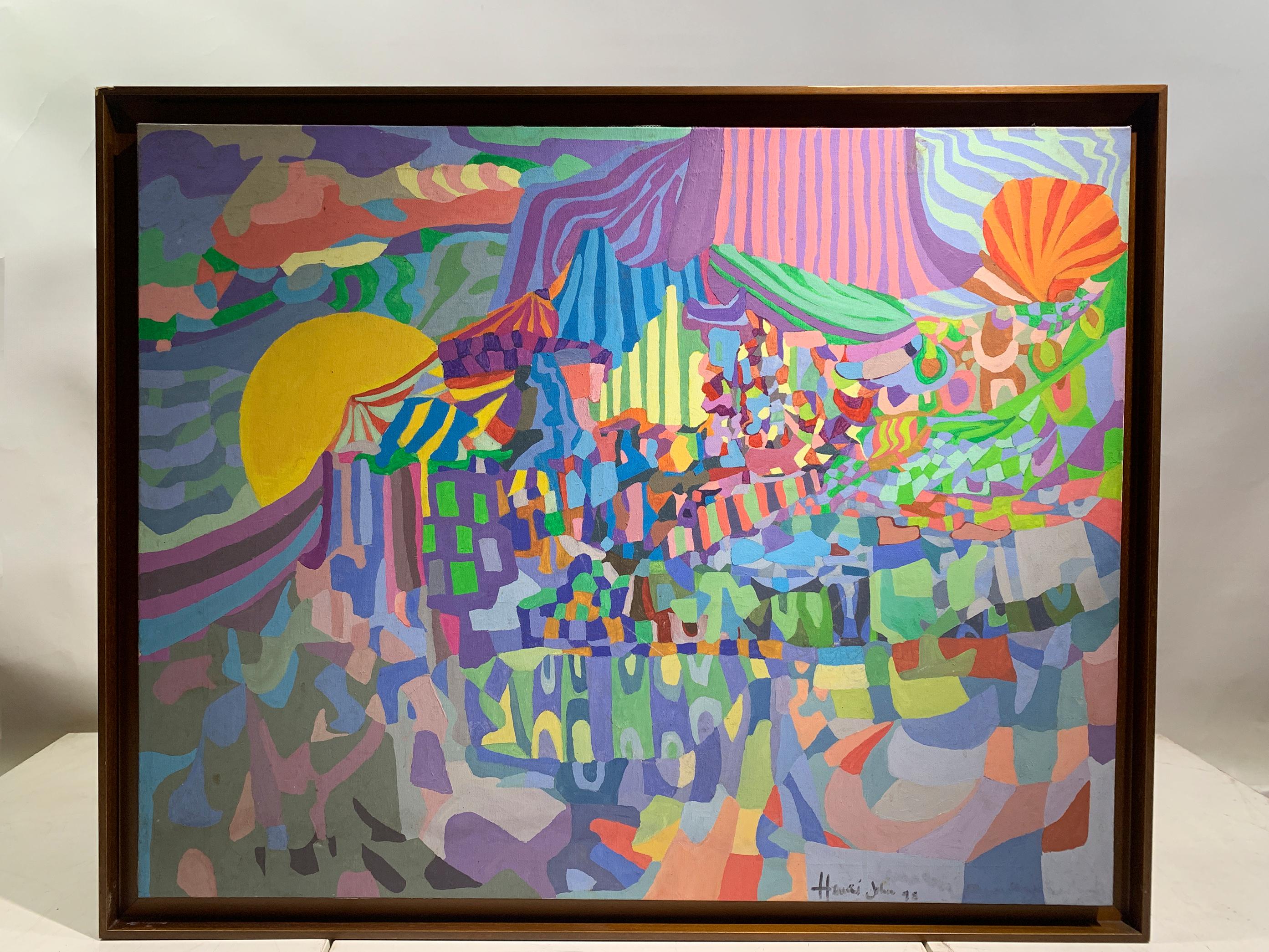 Dieses Werk explodiert mit einer leuchtenden Palette von Rosa, Violett, Aqua, Azur, Gelb und Orange, die mit einer raffinierten, geschichteten Verwendung von flachen Farbfeldern ausgeführt wird. Die Komposition zeigt eine lebendige, vielleicht