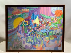 Late 20th Century Vibrant Abstract Painting, Sun, Sea, and Landscape, Signed