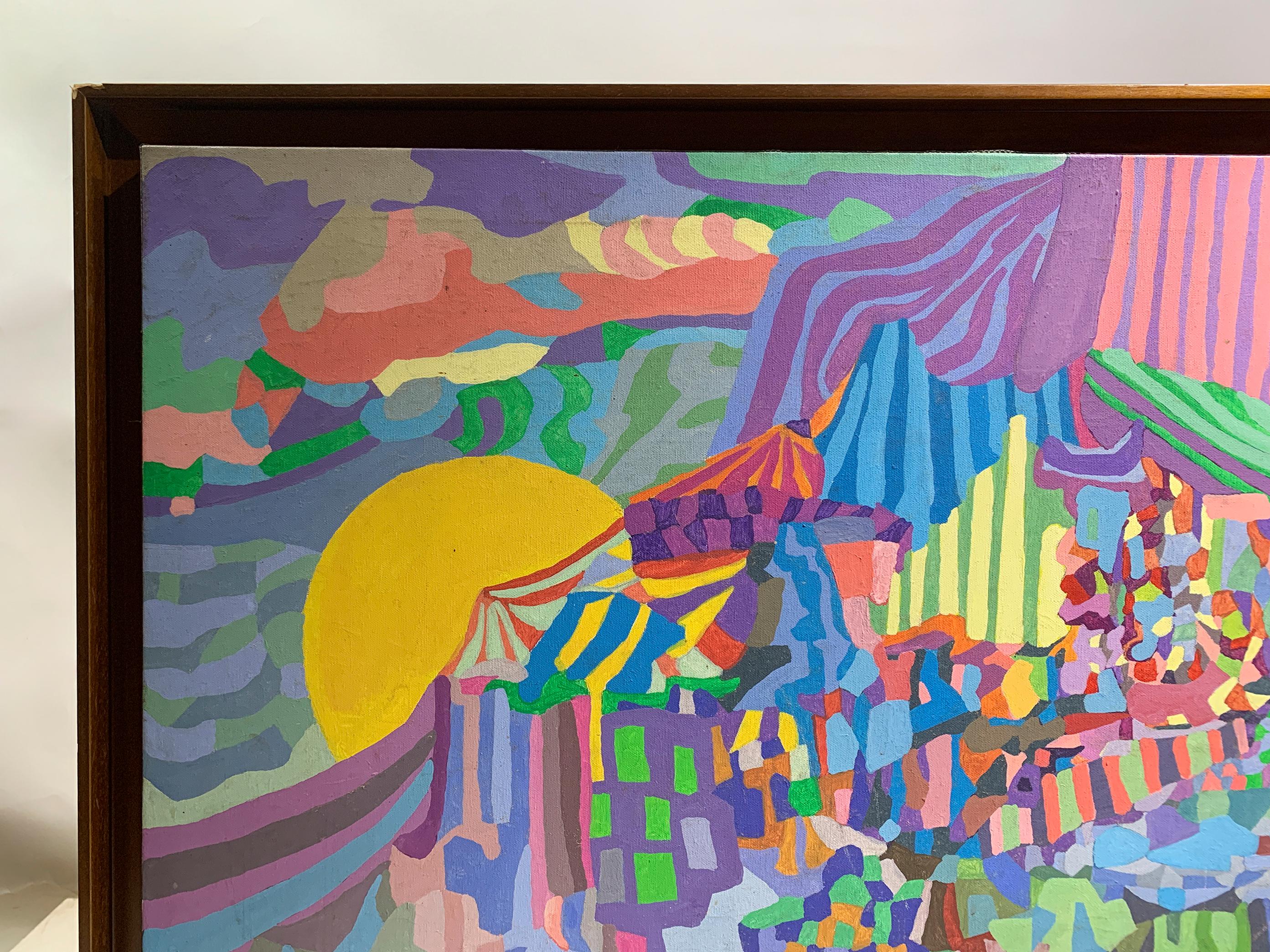 Ende des 20. Jahrhunderts Lebendige abstrakte Malerei, Sonne, Meer und Landschaft, signiert (Französisch) im Angebot