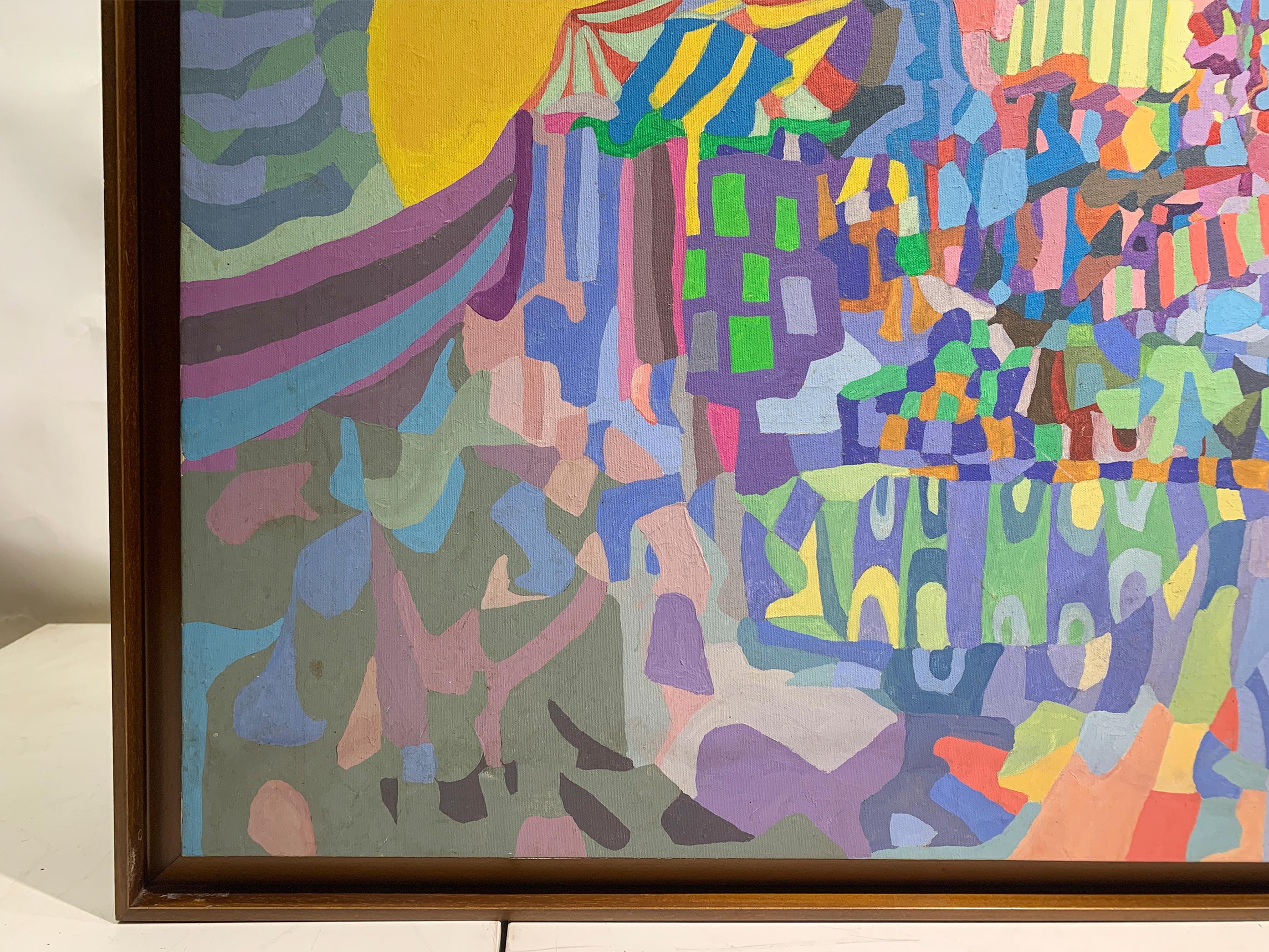 Ende des 20. Jahrhunderts Lebendige abstrakte Malerei, Sonne, Meer und Landschaft, signiert (Leinwand) im Angebot