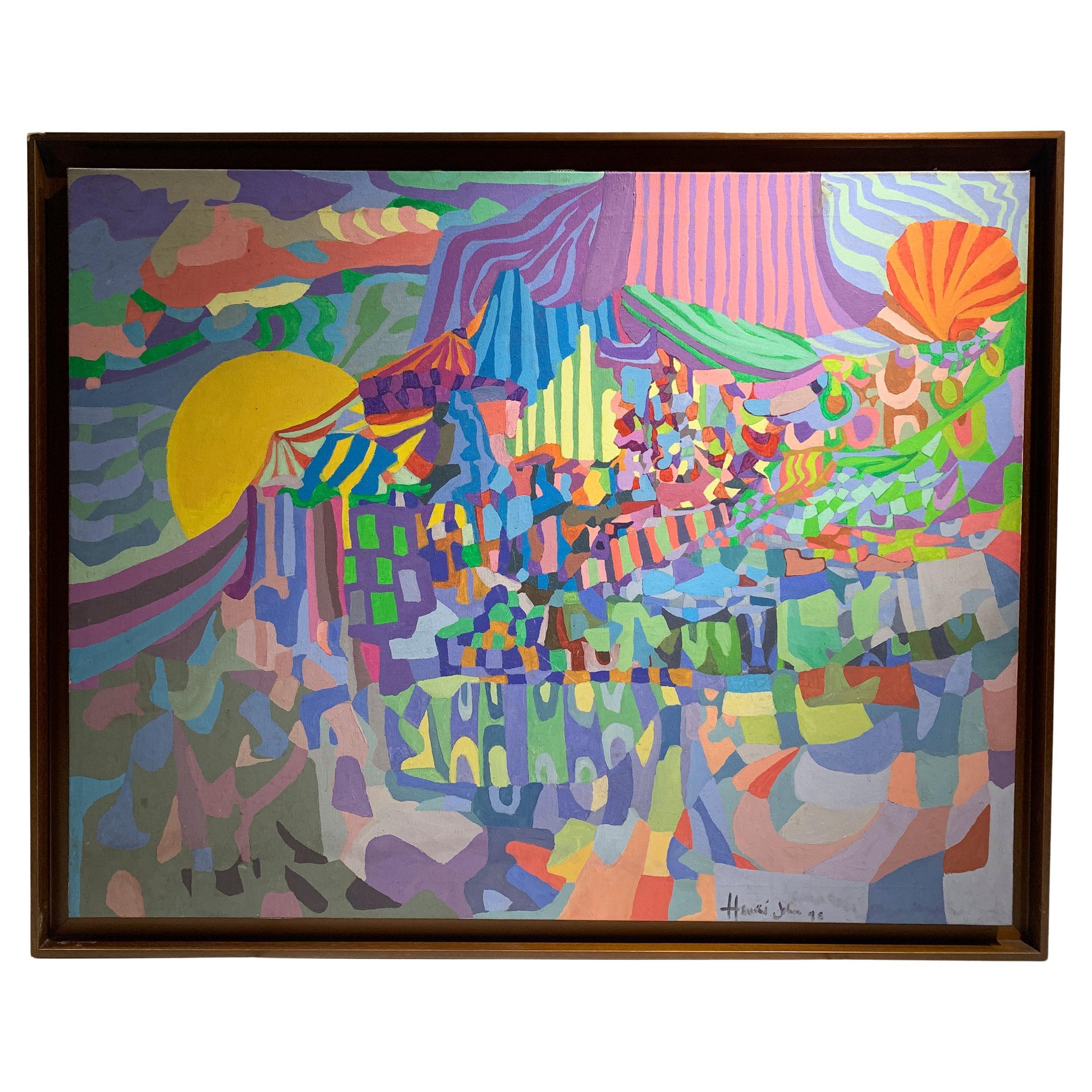 Fin du 20e siècle Peinture abstraite vibrante, soleil, mer et paysage, signée