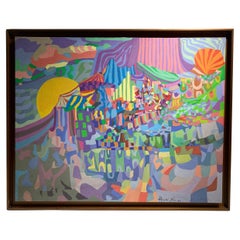 Late 20th Century Vibrant Abstract Painting, Sun, Sea, and Landscape, Signed