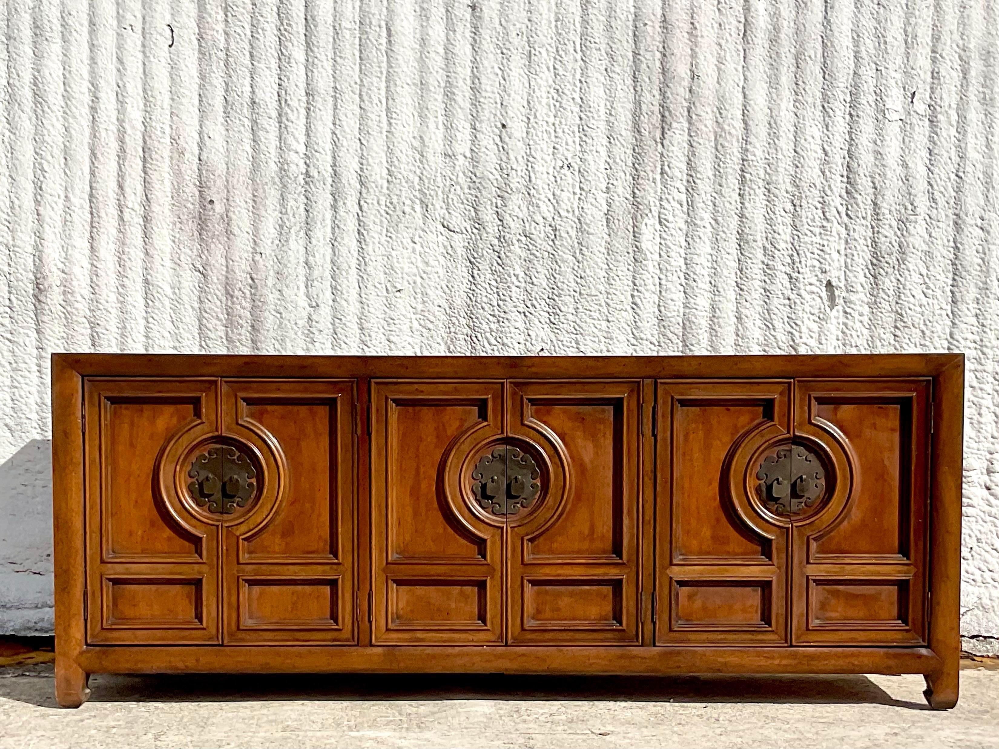 American Late 20th Century Vintage Asian Century Furniture Medallion Credenza For Sale