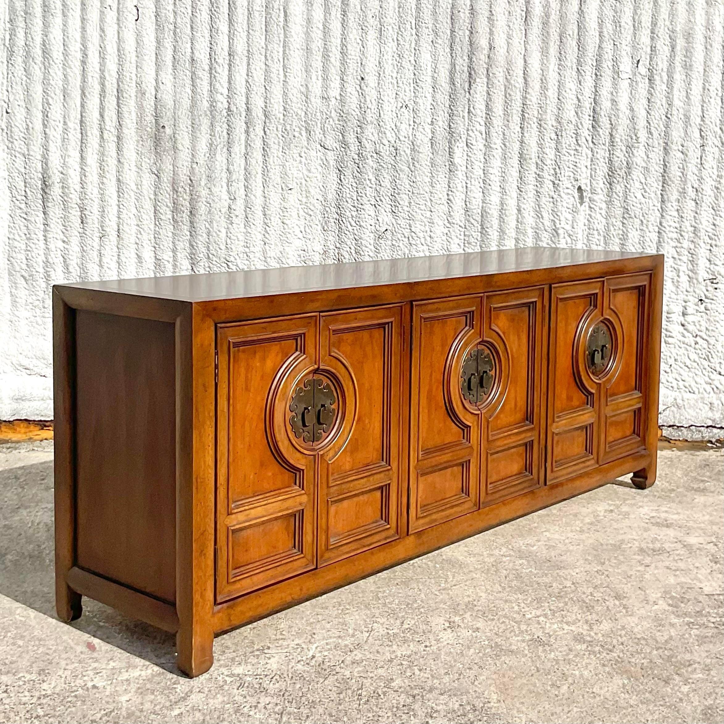 Metal Late 20th Century Vintage Asian Century Furniture Medallion Credenza For Sale