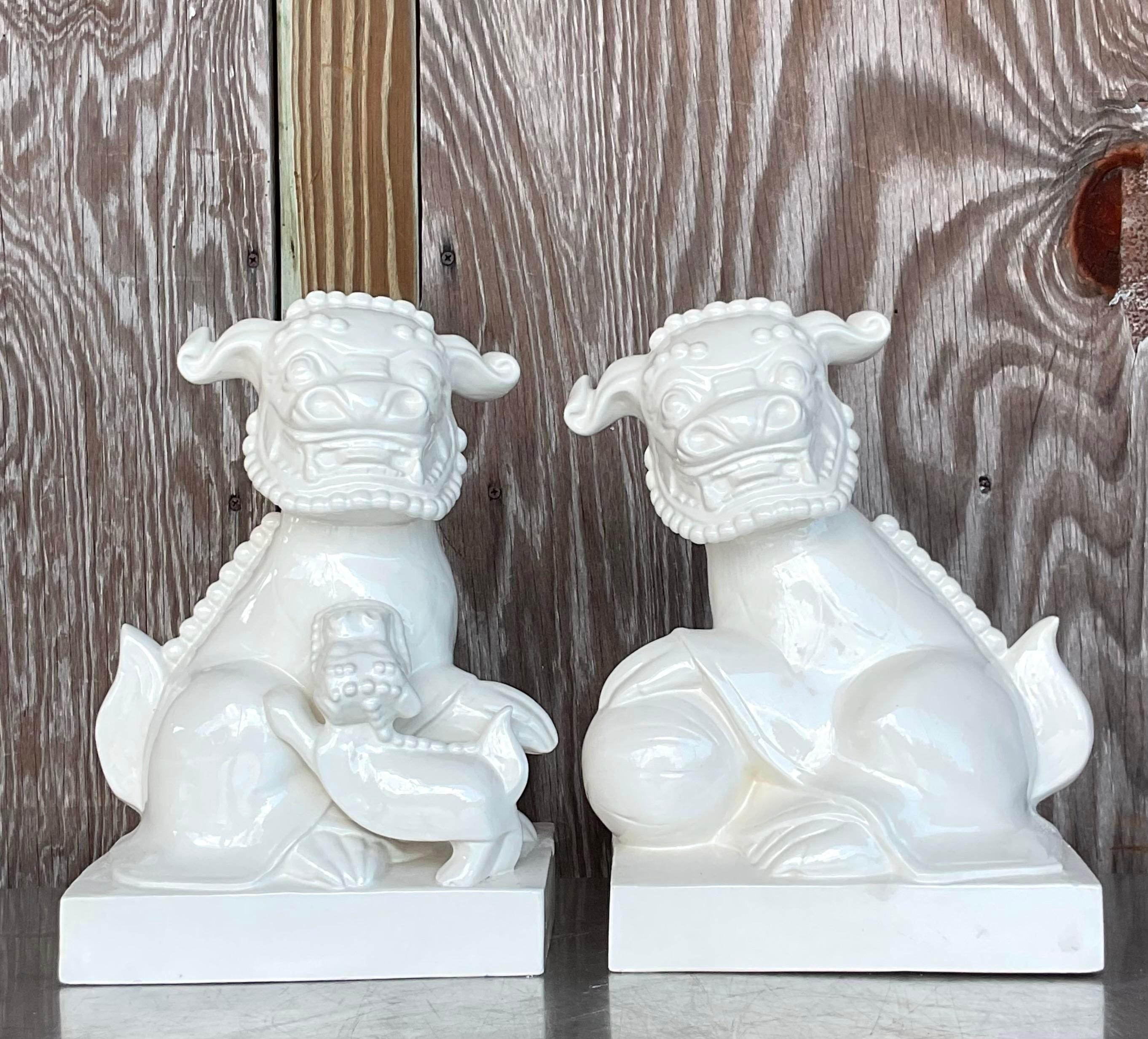 Late 20th Century Vintage Asian Glazed Ceramic Foo Dogs - a Pair In Good Condition For Sale In west palm beach, FL