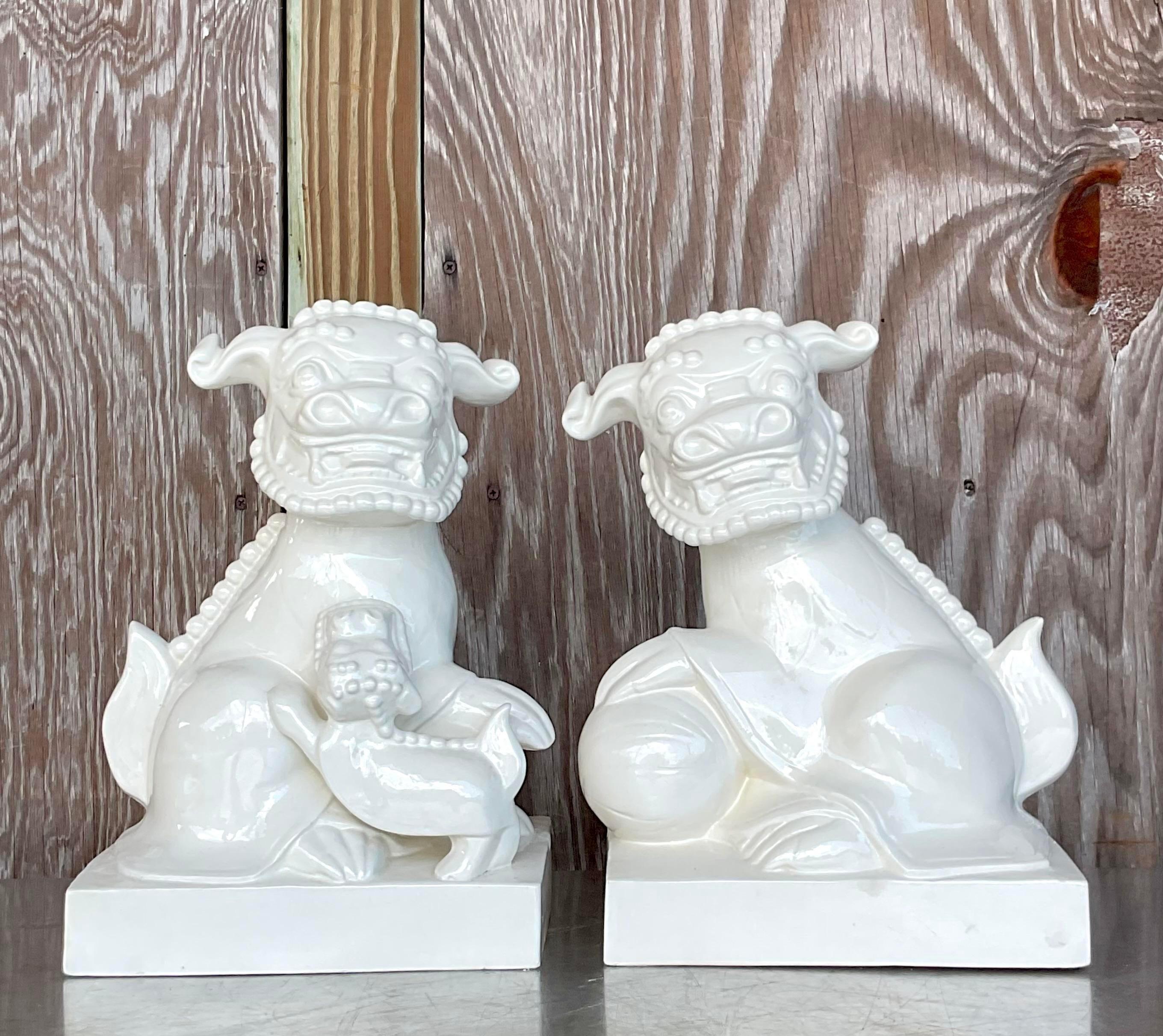 Late 20th Century Vintage Asian Glazed Ceramic Foo Dogs - a Pair For Sale 2