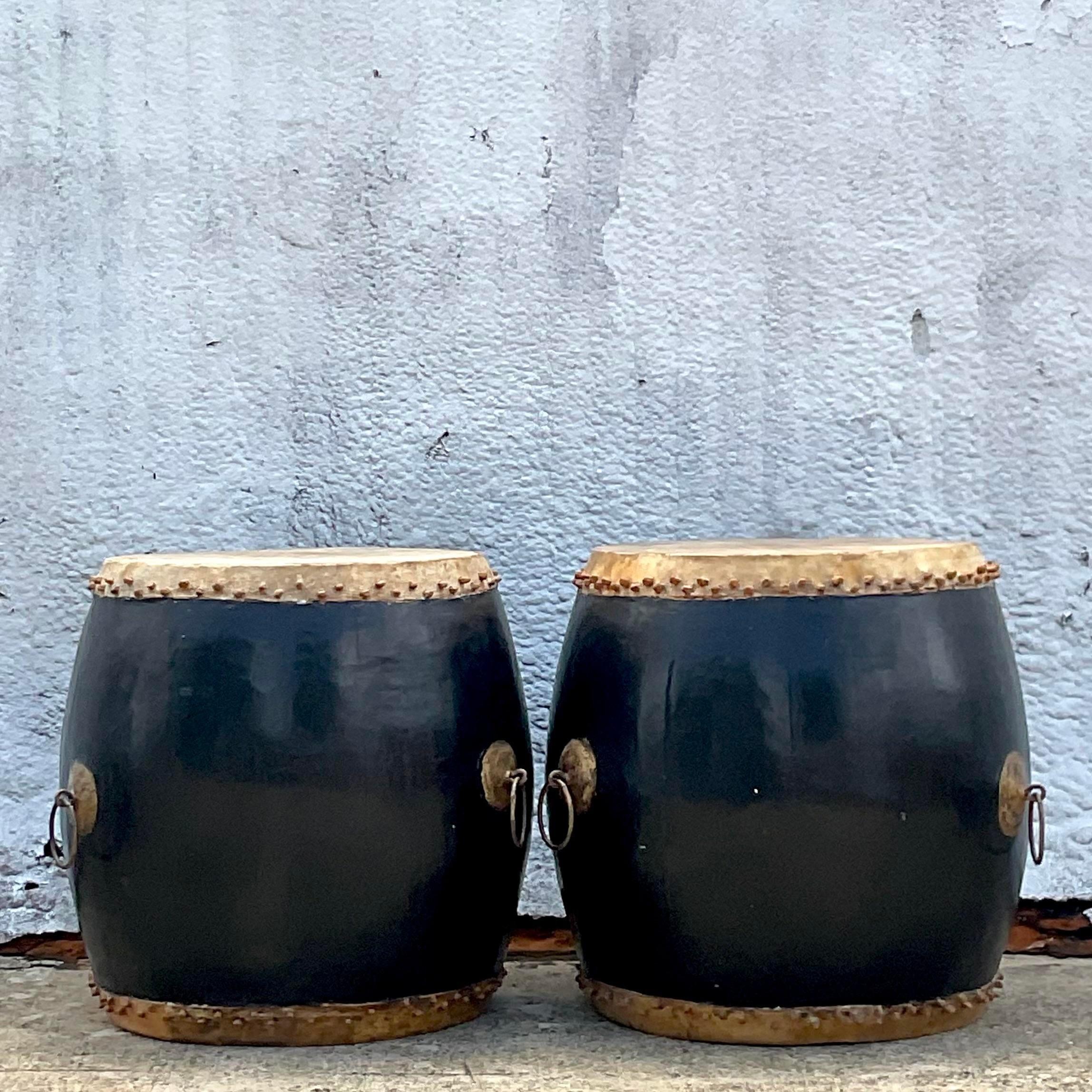 Late 20th Century Vintage Asian Lacquered Drum Tables - a Pair In Good Condition In west palm beach, FL