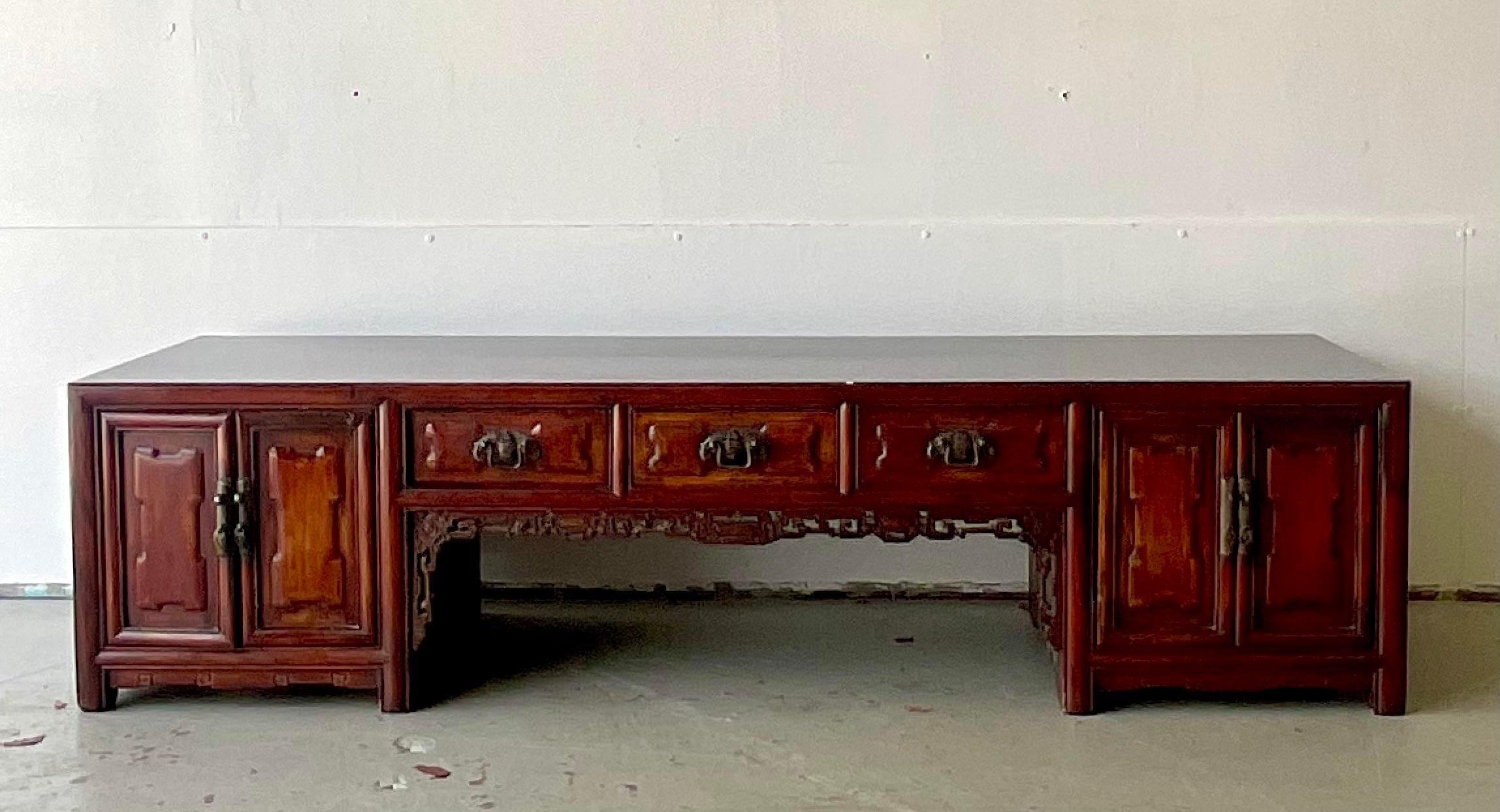 Regency Late 20th Century Vintage Asian Reclaimed Wood Low Console Table For Sale
