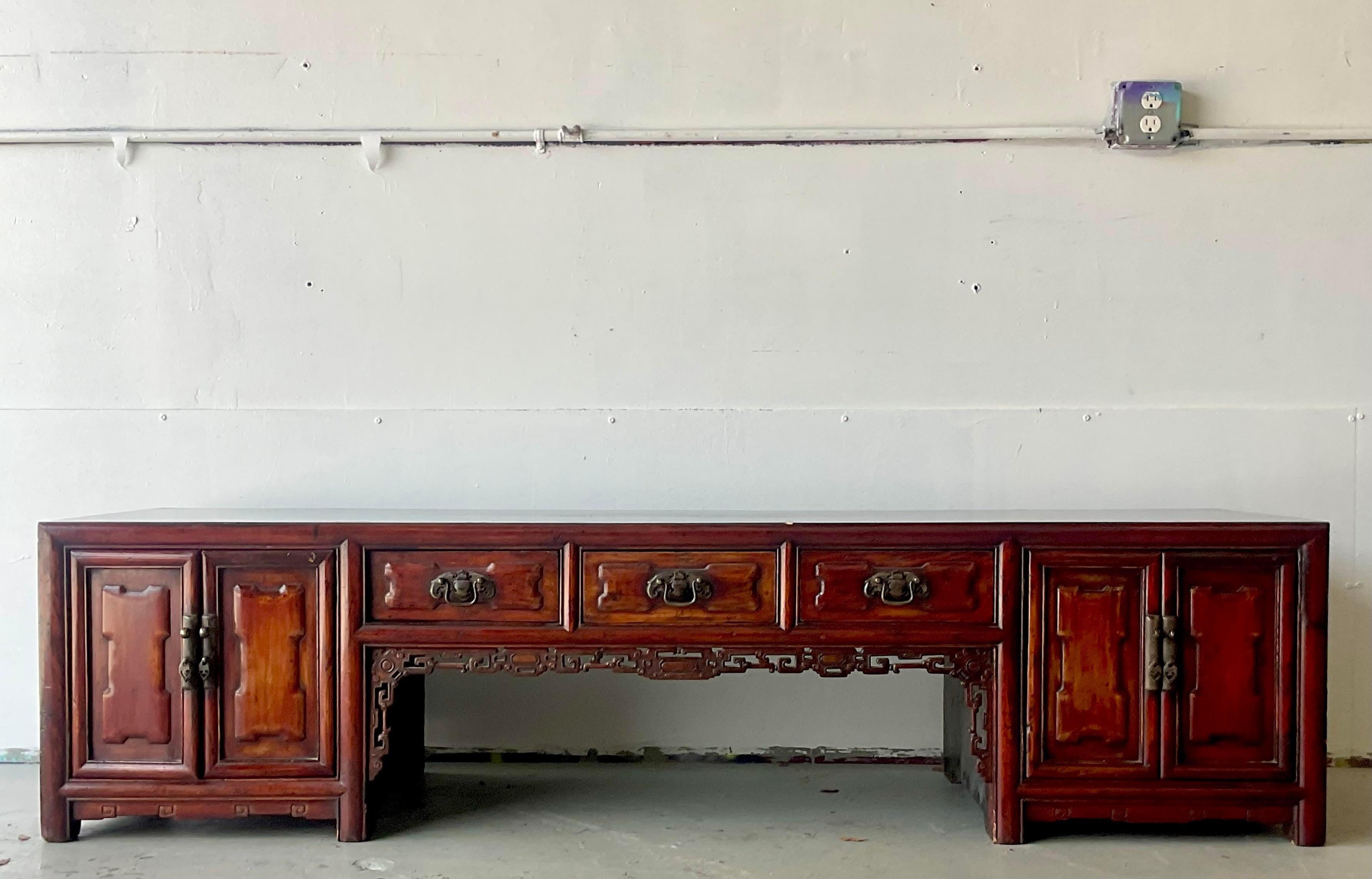 Late 20th Century Vintage Asian Reclaimed Wood Low Console Table In Good Condition For Sale In west palm beach, FL