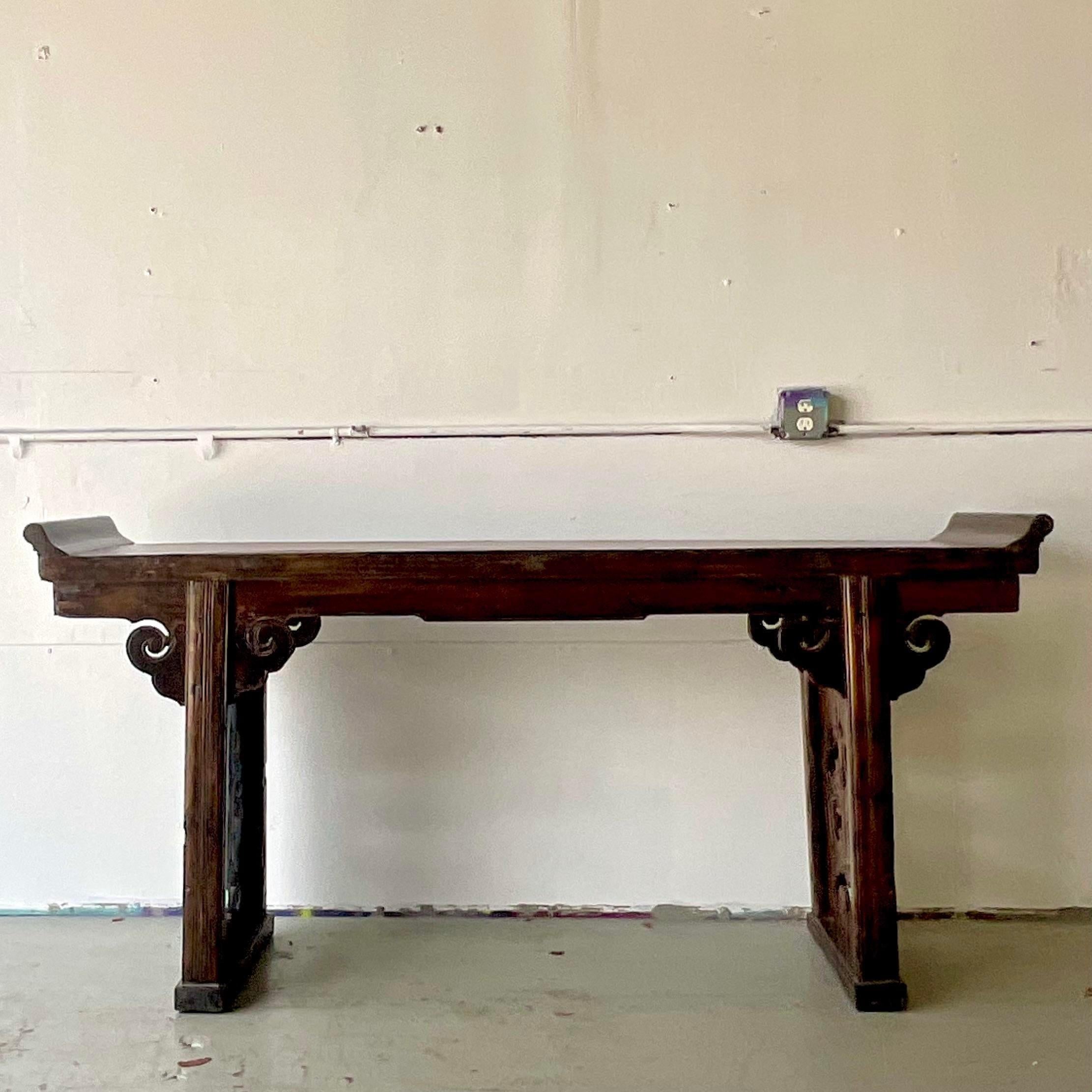 Japanese Late 20th Century Vintage Asian Reclaimed Wood Pagoda Altar Console Table