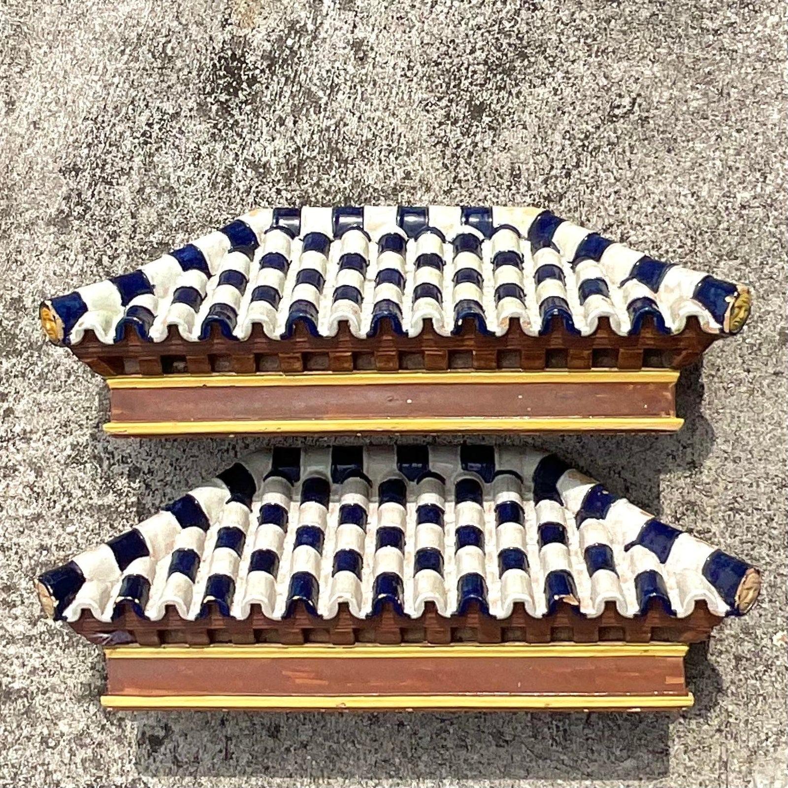 North American Late 20th Century Vintage Asian Terracotta Glazed Pagoda Roof Tiles - a Pair