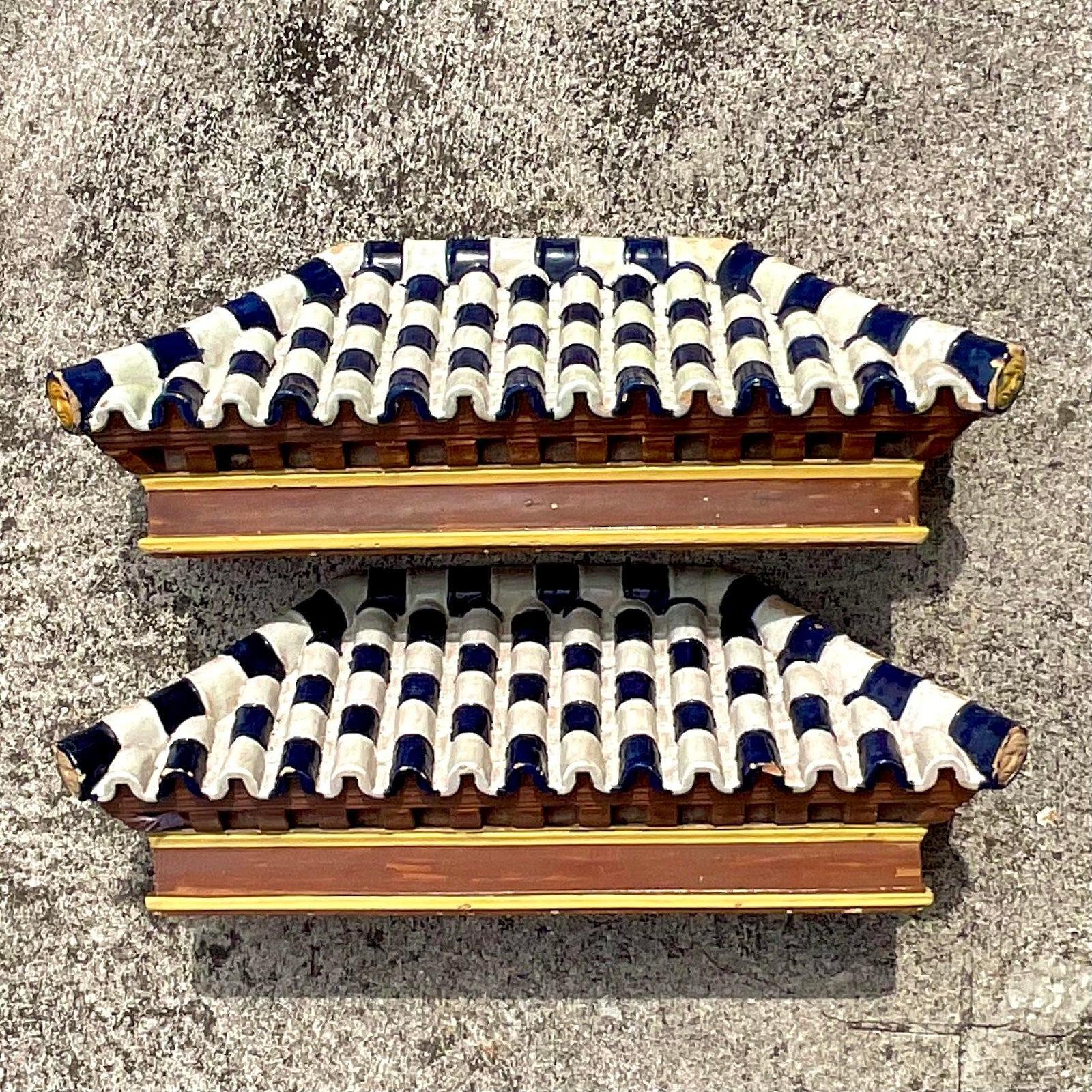 Late 20th Century Vintage Asian Terracotta Glazed Pagoda Roof Tiles - a Pair In Good Condition In west palm beach, FL