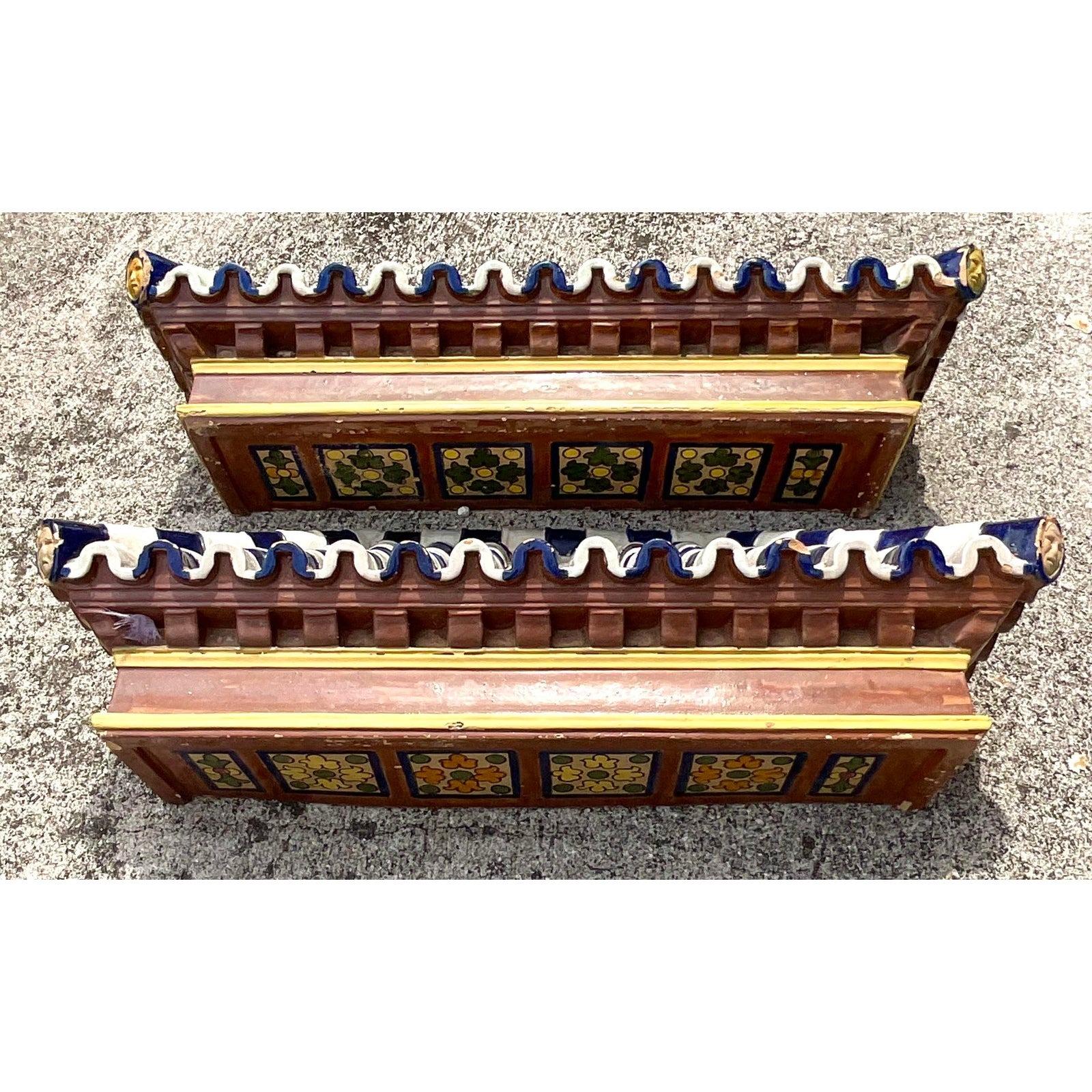 Late 20th Century Vintage Asian Terracotta Glazed Pagoda Roof Tiles - a Pair 2