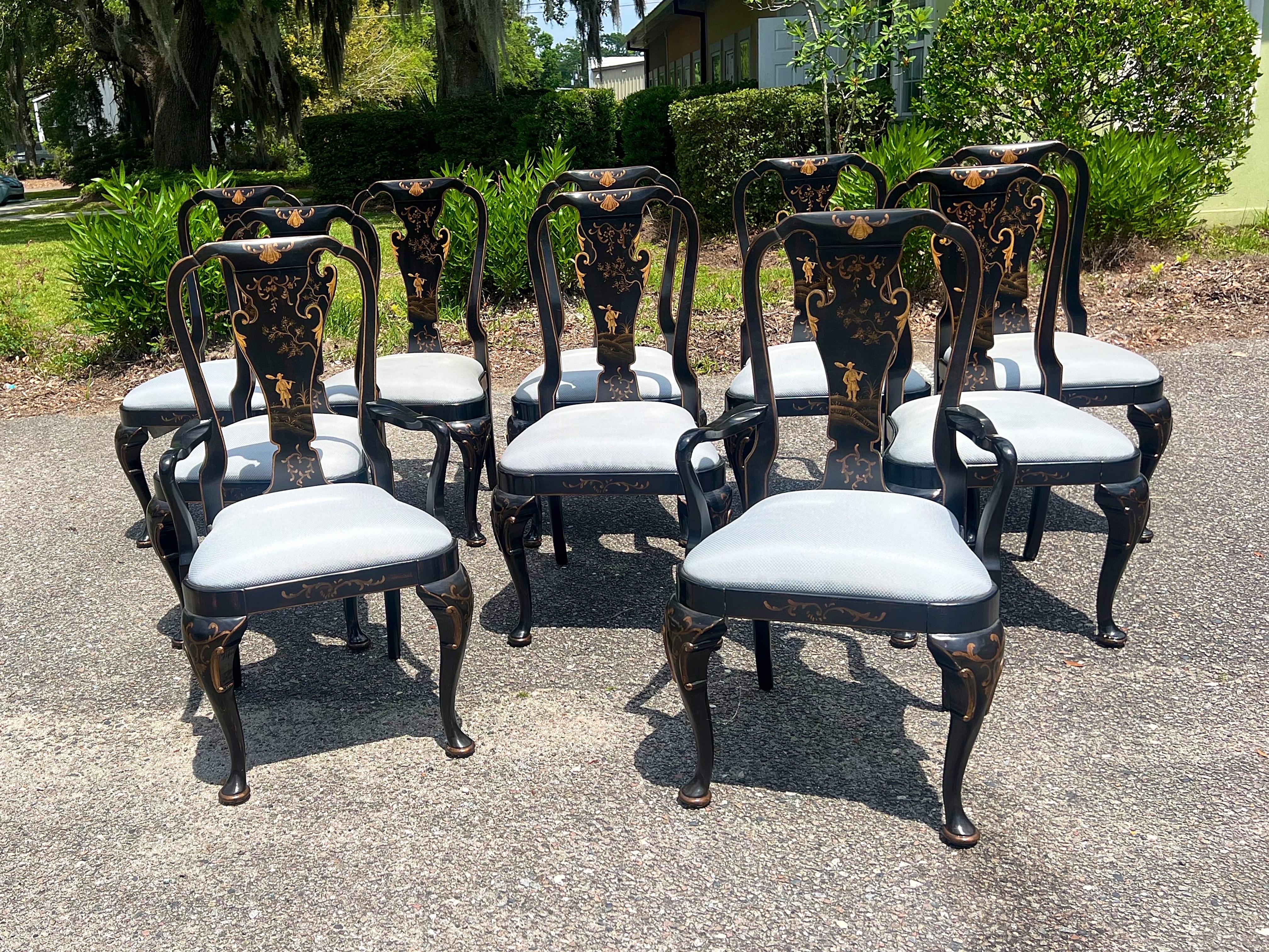 A set of 10 vintage Baker Knapp & Tubbs Chinoiserie dining chairs. This set consists of 8 side chairs and 2 arm chairs. These top of the line chairs are from the Historic Charleston Collection and are exquisitely hand painted in the chinoiserie