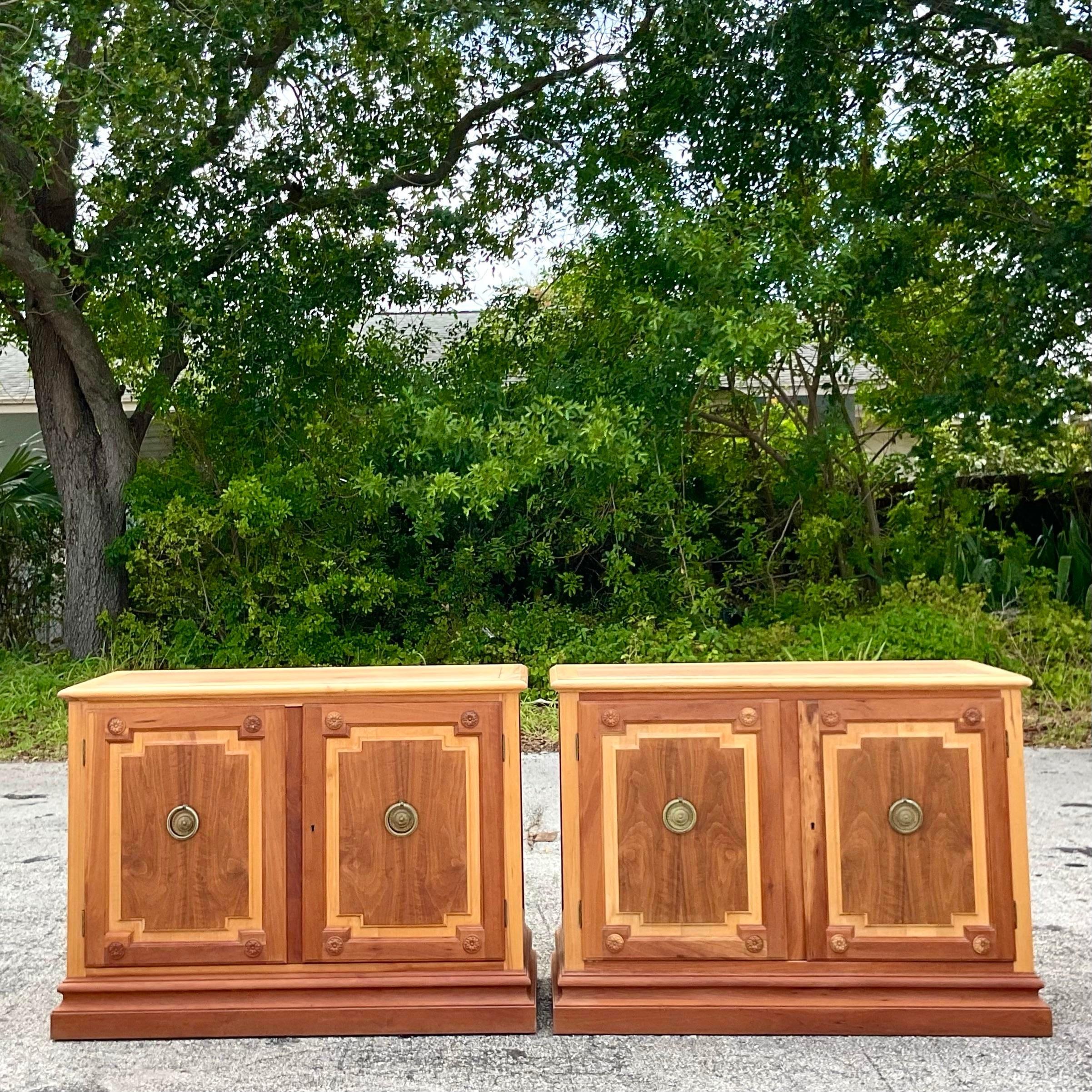 Late 20th Century Vintage Baker Notched Wood Sideboards - a Pair In Good Condition For Sale In west palm beach, FL