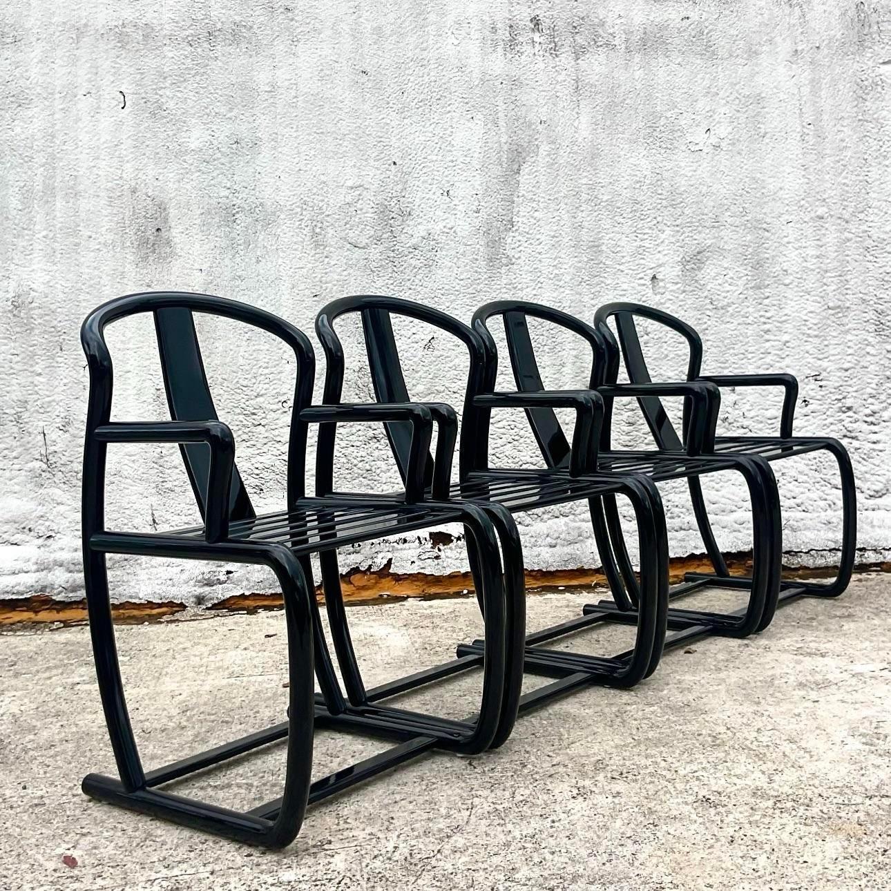 Late 20th Century Vintage Black Lacquered Dining Chairs- Set of 4 For Sale 5