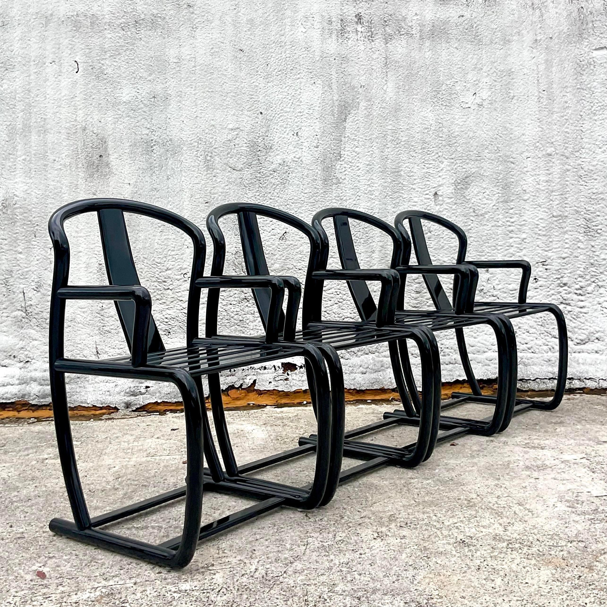 Post-Modern Late 20th Century Vintage Black Lacquered Dining Chairs- Set of 4 For Sale