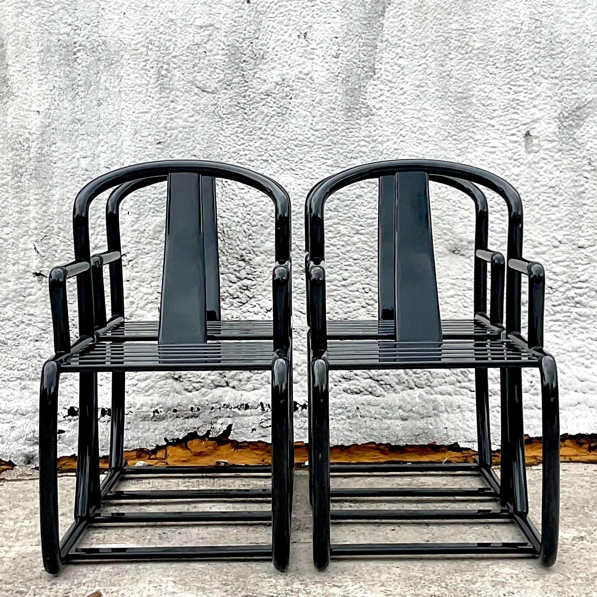 Wood Late 20th Century Vintage Black Lacquered Dining Chairs- Set of 4 For Sale