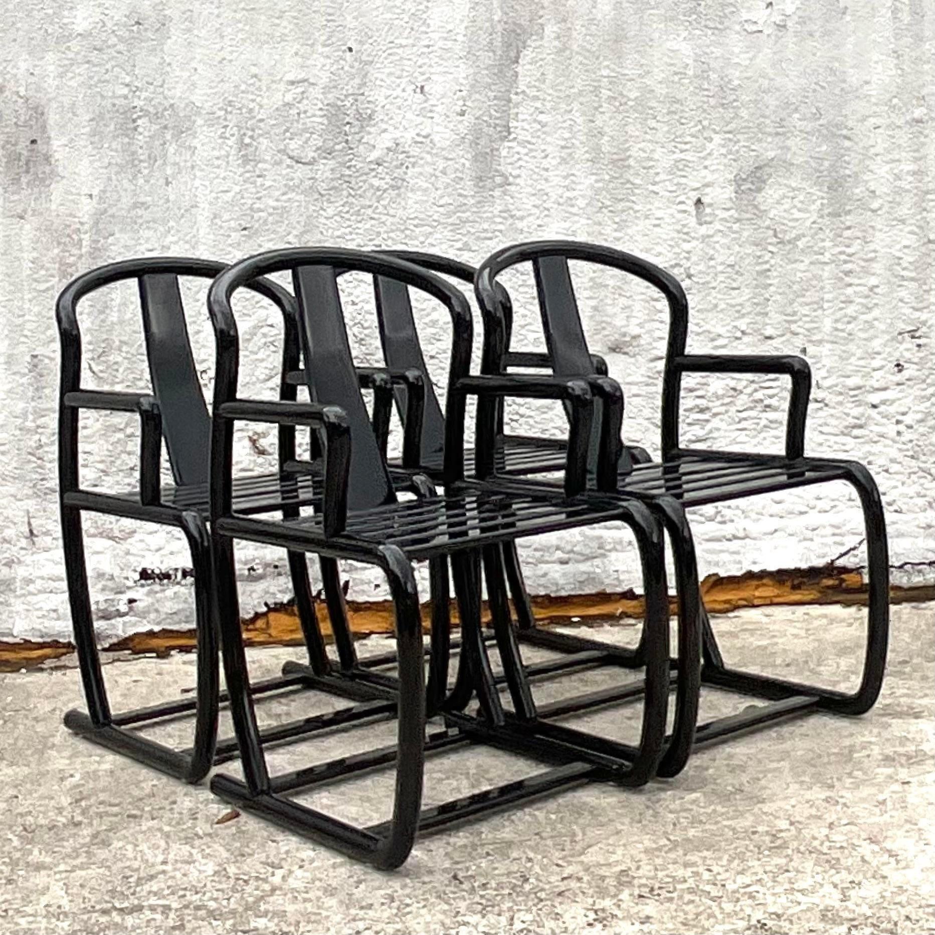 Late 20th Century Vintage Black Lacquered Dining Chairs- Set of 4 For Sale 1
