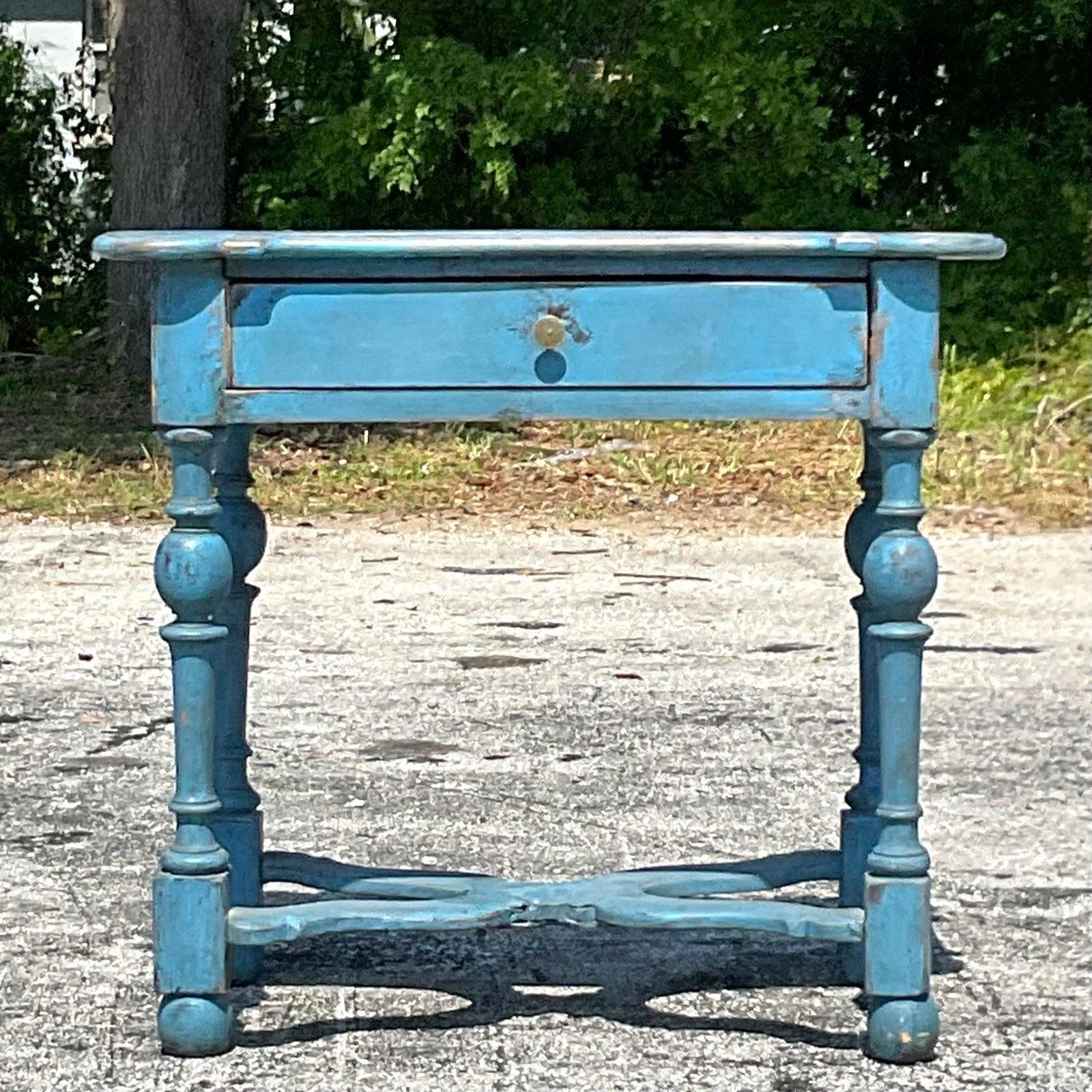 Late 20th Century Vintage Blue Wooden Nightstand For Sale 2