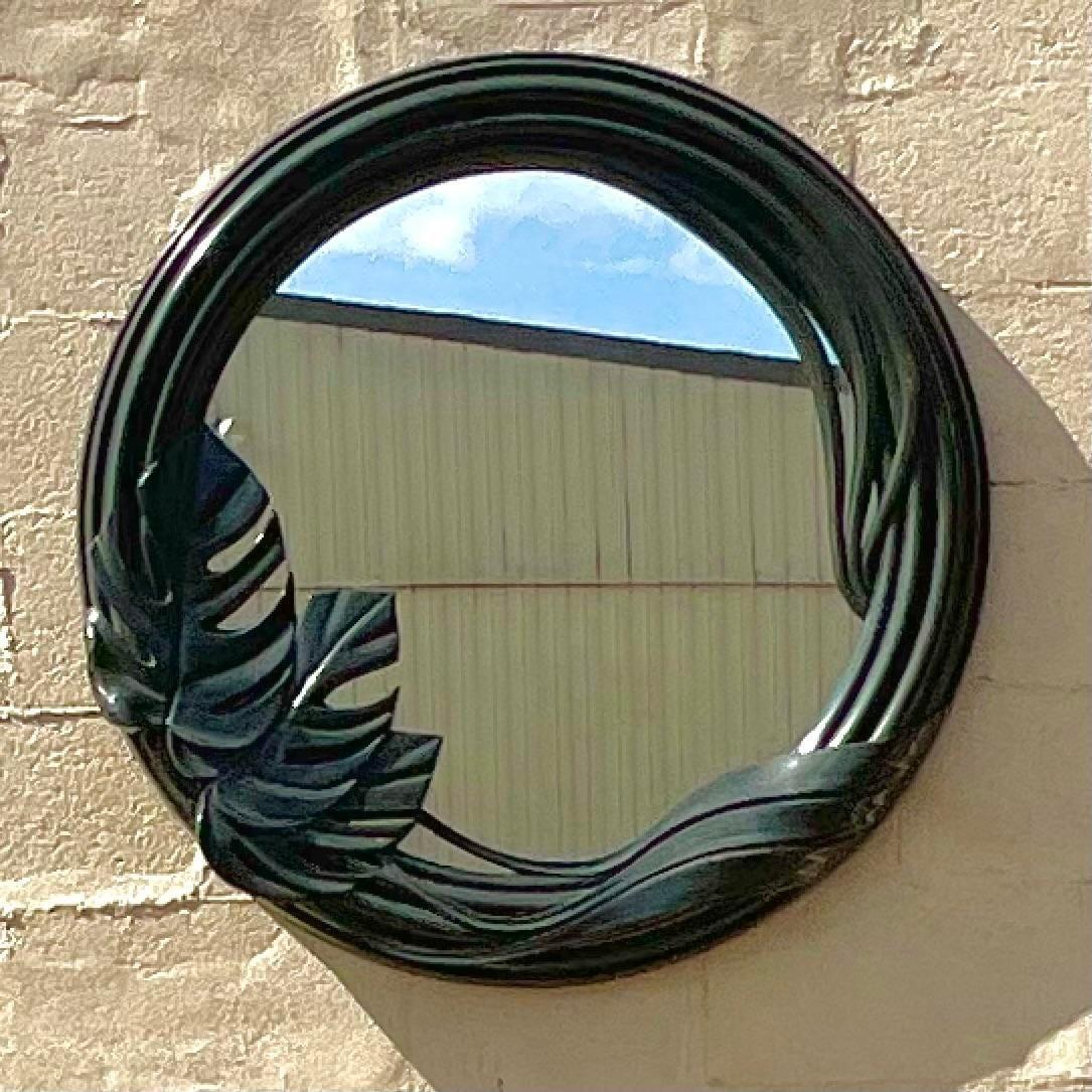 American Late 20th Century Vintage Bobo Round Lacquered Monstera Leaf Mirror For Sale