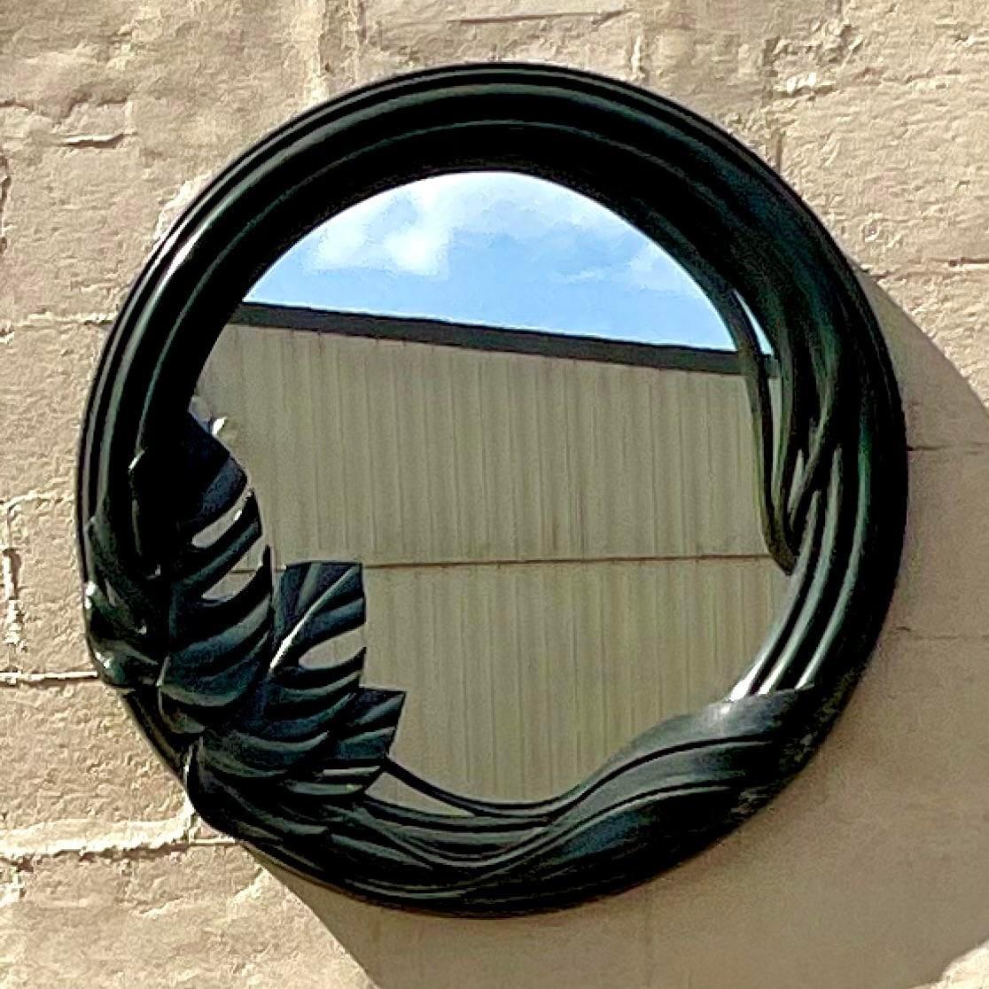 Late 20th Century Vintage Bobo Round Lacquered Monstera Leaf Mirror In Good Condition For Sale In west palm beach, FL